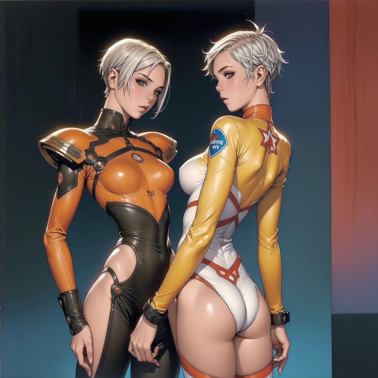 (((with your back to the viewer))), (((best qualityer))), (((perfectbody))), (((bared shoulders))), (((1girl))), (((Annie Lennox))), ((( back view ))), (((perfect ass))), (((symbols of the Soviet Union))), (((90% RED SUIT))), (((Yellow stars))), (((hair shaved on the sides))), ((high collar)), (((best qualityer: 1.4))), (Unbeatable masterpiece), (hiper HD),(CG 8k hyper-realistic), (((short cut hair style))), (((breasts big))), (((hyper feminine))), sexly girl, Tron,（(super short white hair)), ((( sculptural body ))), (((1 girl))), garota cibernética de 25 anos com perfectbody,,Beautiful and well-groomed face,muscular body:1.2,gradient color detailed jacket, (Head to thigh photos)， Complex equipment, green dark，Long pants, (((standing alone))), pirralha violent, (((14歳))), sexly, pose de atitude, work of art, post-apocalypse, (((manga style))), bounty hunter, violent, Manic, the way you want, slenderbody, thin but strong, perfectbody, roupa moderna, advanced technology, neon, sleeves with vertical striped pattern, neutral background, (( cowboy shot )). intricate visual