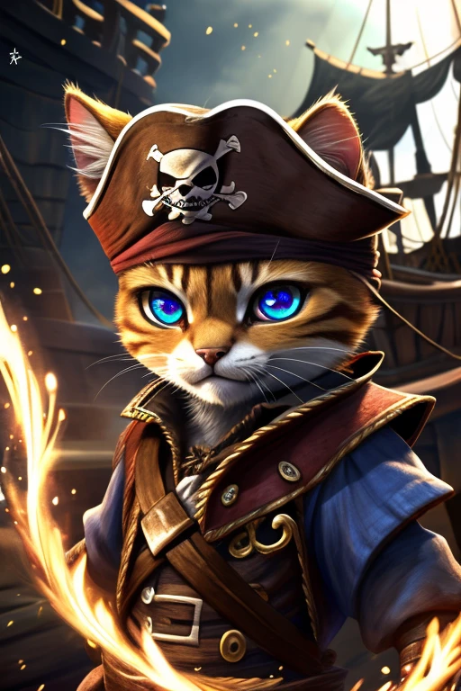(Highest quality、masterpiece、8k))、Anatomically correct、Very detailed、High resolution、Realistic、((Beautiful, sparkling, detailed eyes))、Intricate details、((Dynamic composition))、kitten、Big head、((Pirate War))、One-on-one duels、海賊kittenと骸骨海賊が剣で戦っている、Lots of pirates、Fight、pirate ship、cutlass、101匹のkitten海賊