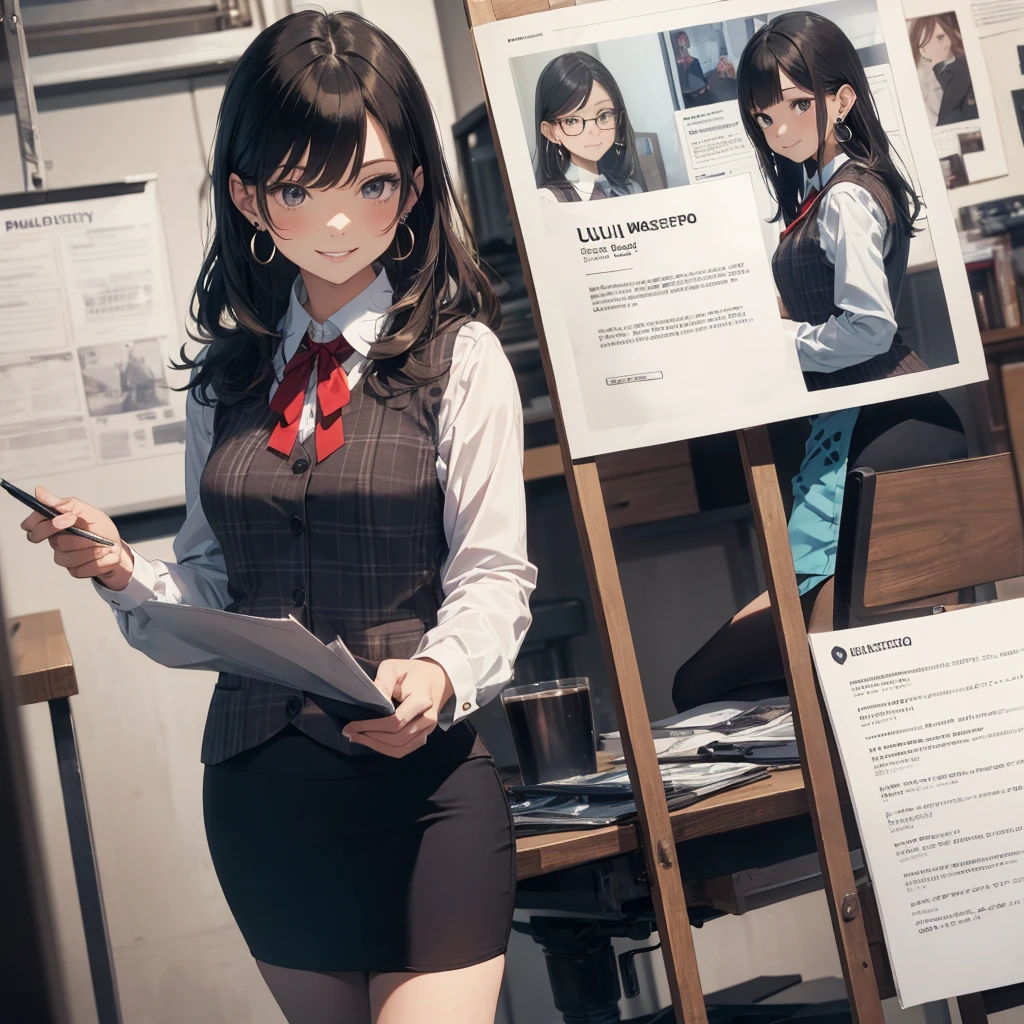 (Best Quality, Masterpiece),Wearing a pink plaid vest, White short sleeved shirt, Gray pencil skirt, Wear stiletto heels, Necklace, earrings, Cute face, Smile, Blushing, Shyness, Glass wall, Ultra Detail, Realistic, Front view, Whole body, stunning, cute, warm smile, hourglass figure, apron, text, chart, advertising, magazine title(Best Quality, Masterpiece), Mag((((1ladyl,)))) (masterpiece), (realistic), (best quality), (ultra-detailed), (wearing in [[white and gray check pattern]] Vest worn over white collared long-sleeved shirt:1.4), (gray vest with buttons:1.2), (Pink Theme:1.2), (blue ribbon ribbon:1.3), (Black theme:1.4), (Tight black pencil skirt:1.5), ((Brown pantyhose)), (high-heels:1.1),longskirt,office desk, office chair,Lulubre Unity 8K Wallpaper, pantyshot, long brown hair, office lady Magazine Cover, 1girl,  amazing, girl, 30 years old, house wiife, warm smile, hourglass figure, text, chart, advertising, magazine title