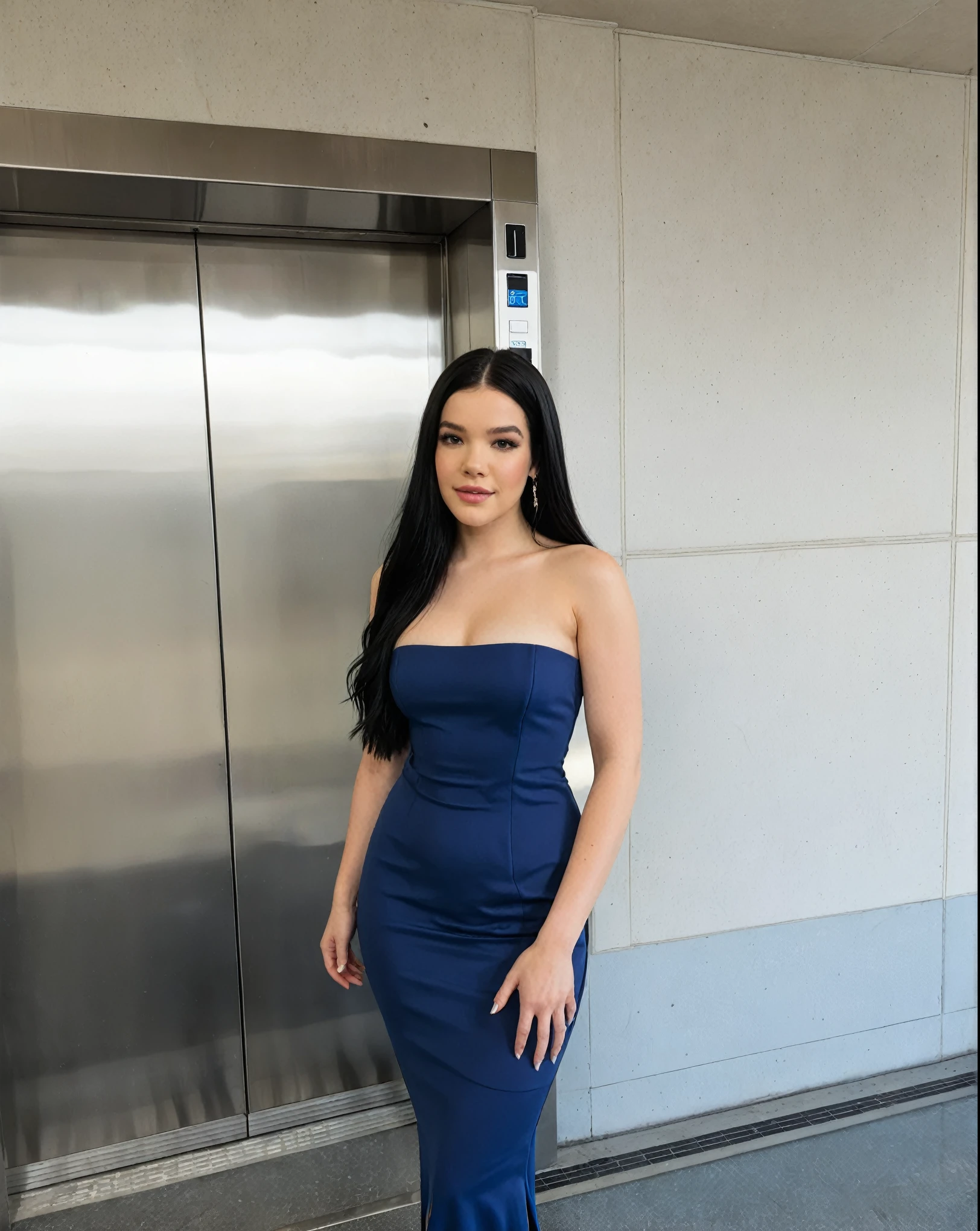 hailee steinfeld, there is a woman standing in front of an elevator, sheath dress, skintight dress, with straight black hair, taken in the early 2020s, succubus in short tight dress, tight dress, with long black hair, wearing a blue dress, Ava Max, wearing an elegant dress, female with long black hair, strapless dress