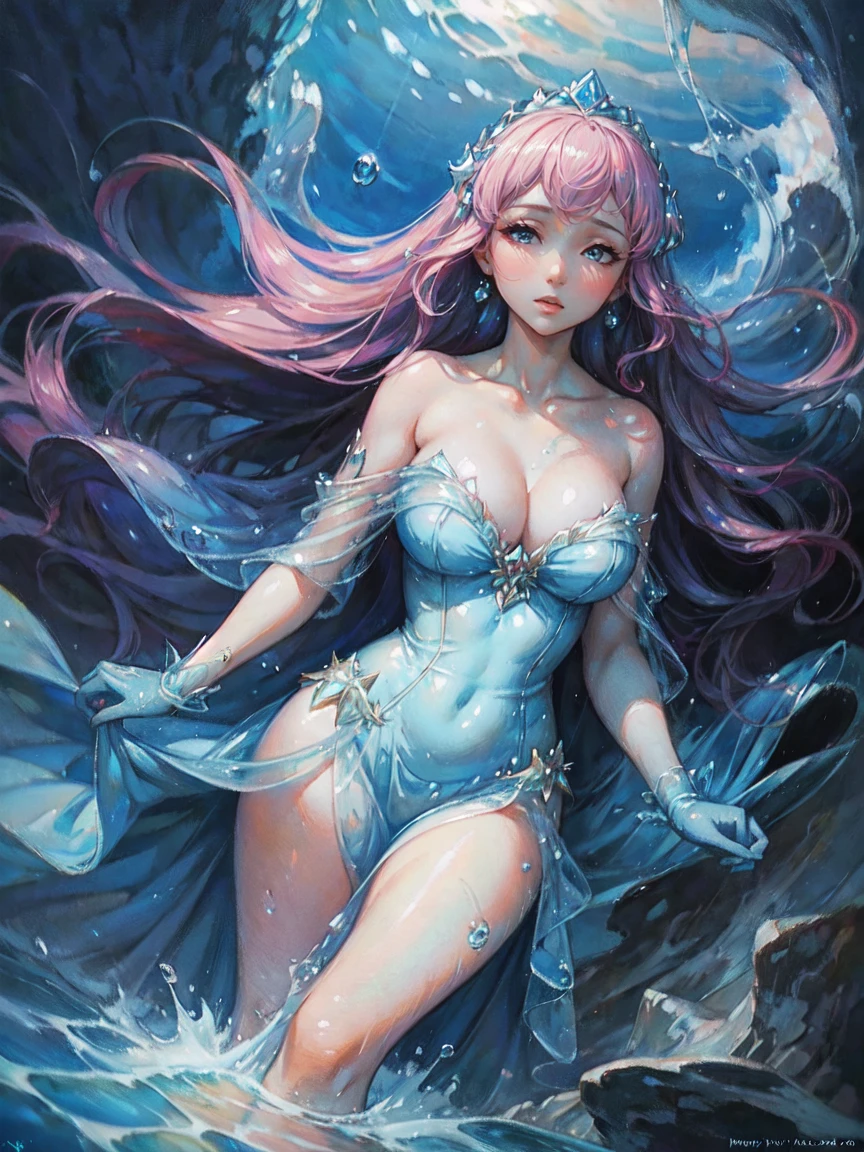 Woman in light blue dress walking to the sea, Long Pink Gloves, Elegant, closeup fantasy with water magic,((vague)), Beautiful maiden, wearing a dress made of water, cleavage, Look at viewers、Watch from below、realistic oil painting, Dripping wet, in water ...