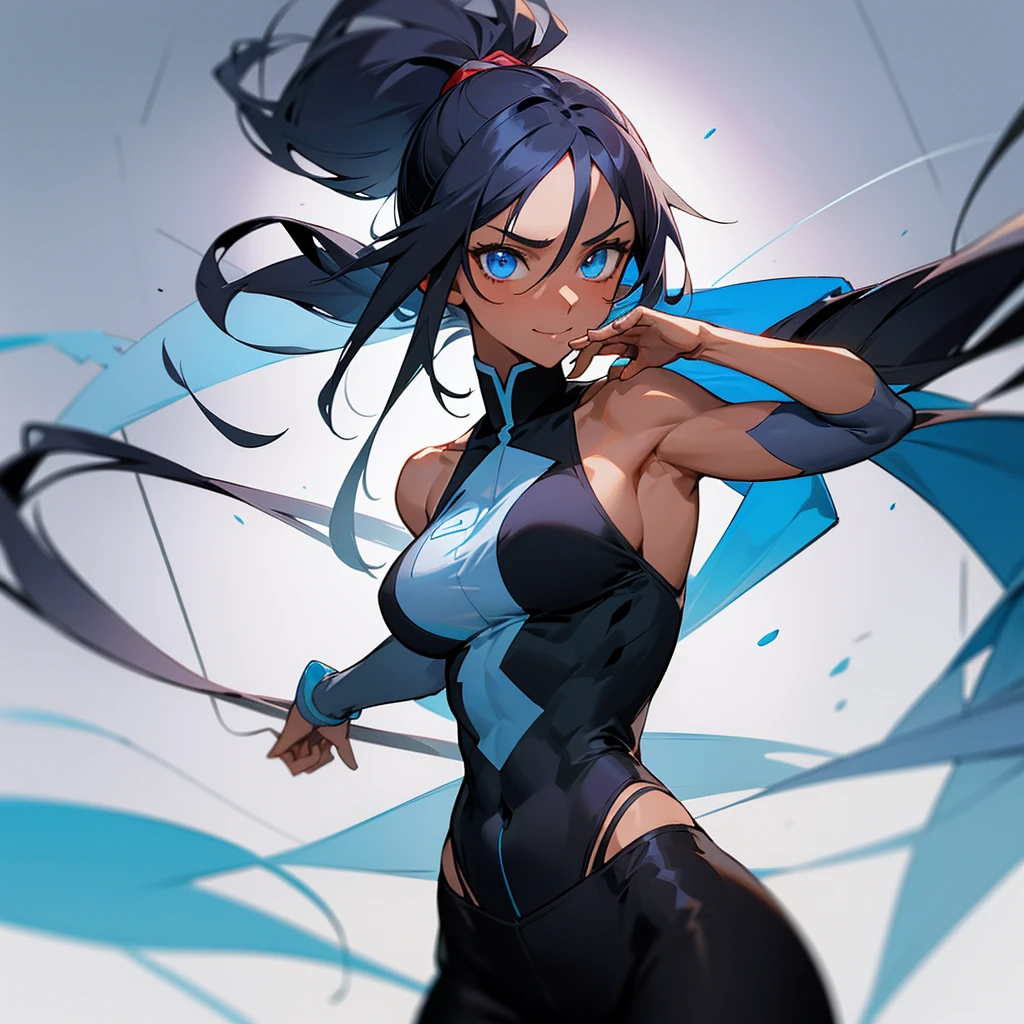 1girl, Solo, Long Hair, Looking at viewer, Black Hair, Parted Bangs, High Ponytail, Absurdly Long Hair, Smile, Blue eyes, Heterochromia, Blue eye, Light blue eye, Jujutsu Kaisen, Muscular woman

Aoi stands at an imposing 10 feet tall, with a powerful and muscular build, She has dark tan skin, with tan lines, her long, dark hair is often tied back in a high ponytail, accentuating her striking blue eyes. She wears a modified jujutsu uniform designed for her size, consisting of a dark blue, sleeveless top and high-waisted pants,  Her uniform features reinforced stitching and a unique sigil on the chest, symbolizing her strength.
