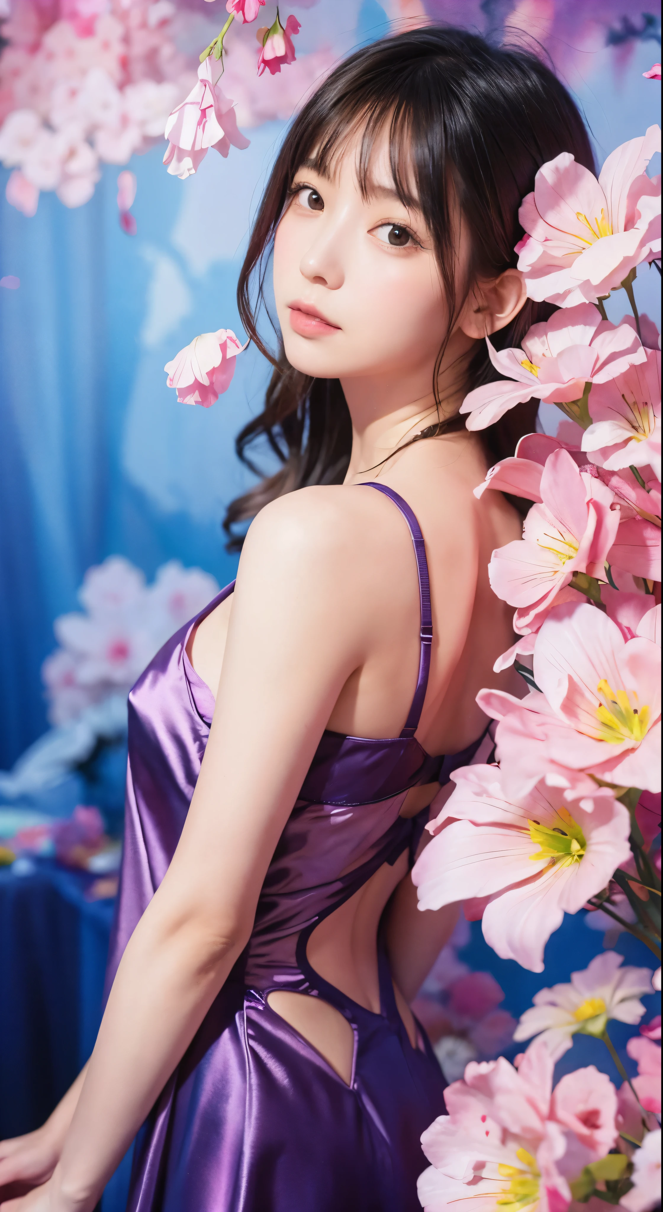 1girl,flower, Lisianthus ,in the style of light pink and light azure, dreamy and romantic compositions, pale pink, ethereal foliage, playful arrangements,fantasy, high contrast, ink strokes, explosions, over exposure, purple and red tone impression , abstract, ((watercolor painting by John Berkey and Jeremy Mann )) brush strokes, negative space,