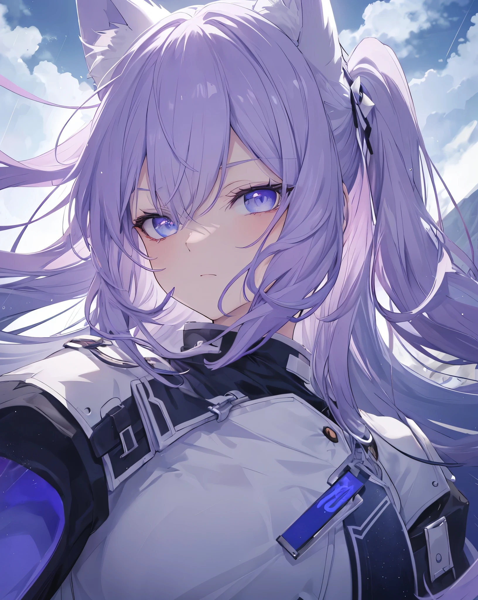 Masterpiece, 4k, anime style, eyes focus, nearly full body shot, laterale shot, 1nekogirl, neko ears with White fur, Light purple fox tail, Light purple hair, sky blue eyes, cloud inside sky blue eyes. ((White and blue details inside the eyes))
She is looking up at the sky.  she is very angry. Ultra detailed eyes.
Colors:0.7blue,0.2purple,0.1white.
Storm, thunders, heavy rain, the sky is black, dark cloud, thunder.
It's a angry shot composition, it make you feel her power. Eyes are oversatured, the rest is undersaturated. Shot from below.hdr.