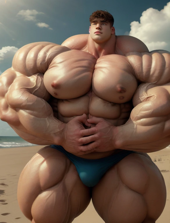 1boy, giant, alone, giant bodybuilder, illuminating light, strong body, bulk, large size, standing on the sand beach, nude, naked, bare, white triangular underwear, thick bulge, extraordinary big, brutalmass, giant muscular body, bulk, buff, massive body, large meaty body size, extremely wide body