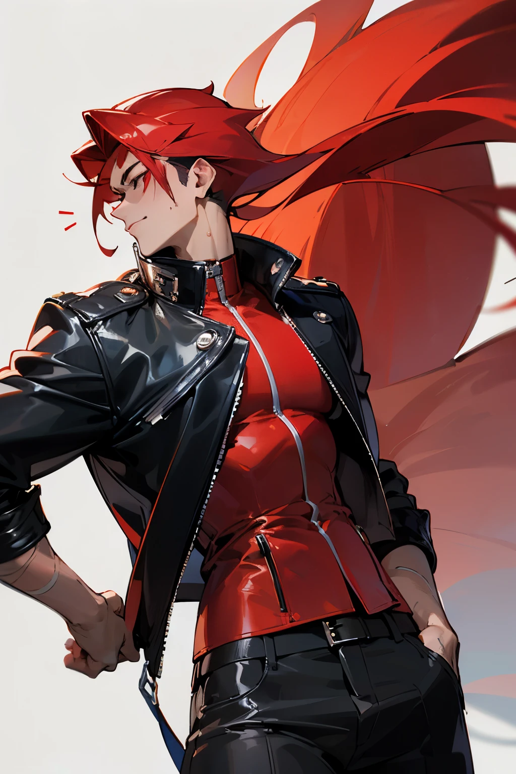((red hair))((black eye))((blaclkleather jacket))((suntan skin))((adult male))
((Slickback hair)) ((tall)((big physique))