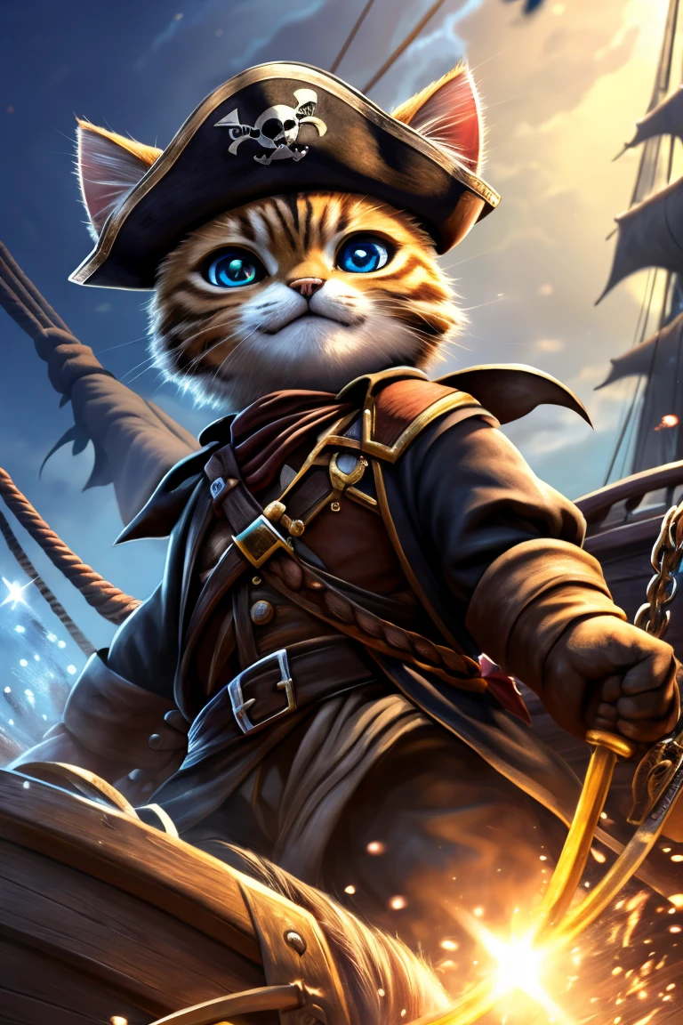 (Highest quality、masterpiece、8k))、Anatomically correct、Very detailed、High resolution、Realistic、((Beautiful, sparkling, detailed eyes))、Intricate details、((Dynamic composition))、kitten、Big head、((Pirate War))、One-on-one duels、海賊kittenと骸骨海賊が剣で戦っている、Lots of pirates、Fight、pirate ship、cutlass、101匹のkitten海賊、((複数のkitten海賊))