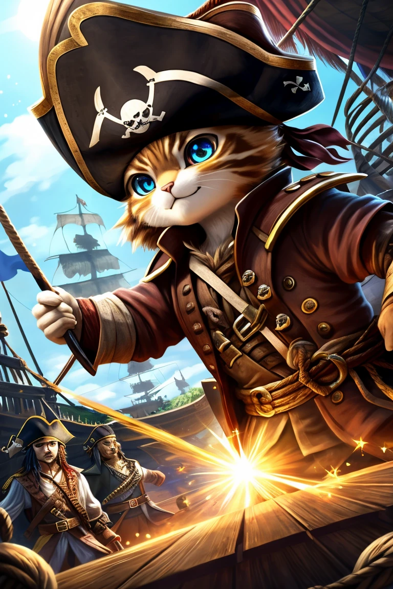 (Highest quality、masterpiece、8k))、Anatomically correct、Very detailed、High resolution、Realistic、((Beautiful, sparkling, detailed eyes))、Intricate details、((Dynamic composition))、kitten、Big head、((Pirate War))、One-on-one duels、海賊kittenと骸骨海賊が剣で戦っている、Lots of pirates、Fight、pirate ship、cutlass、101匹のkitten海賊、((複数のkitten海賊))