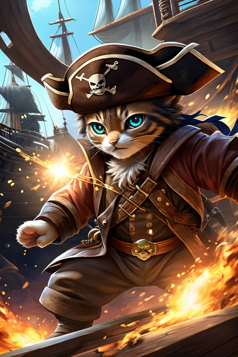 (Highest quality、masterpiece、8k))、Anatomically correct、Very detailed、High resolution、Realistic、((Beautiful, sparkling, detailed eyes))、Intricate details、((Dynamic composition))、kitten、Big head、((Pirate War))、One-on-one duels、海賊kittenと骸骨海賊が剣で戦っている、Lots of pirates、Fight、pirate ship、cutlass、101匹のkitten海賊