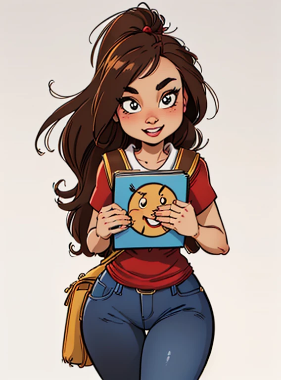(cartoon style:1.2), (1 girl, solo), (girl is young, 20yo, (brown long hair), standing, looking at the viewer, carrying a backpack, (holding some books against her), jeans, (red blouse), big eyes, slim body, Friendly expression on the face, (well-detailed face)), sunny day, (ultra detailed) ((best quality)), (full body), (white background)