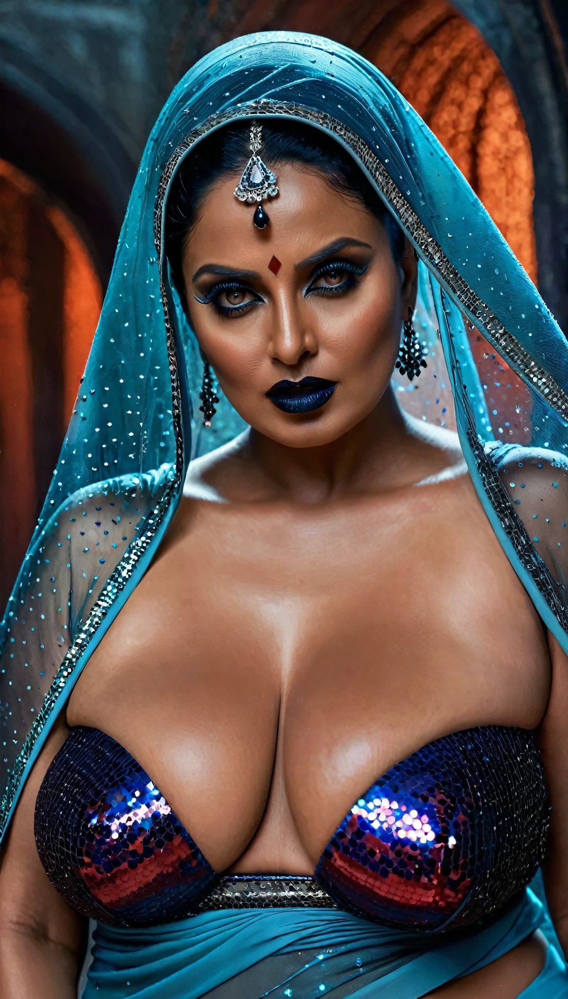Looks like Bollywood actress Rekha, full body Closeup shot, Big chubby aunty, milfugar lady witch, horny Gomilf, 70 yeald gorgeous mature lady, pervmoness, demoness of lust, curvy, black lipsrny face, extremely gorgethick figure, heavy physique, voluptuous, curvy, sexy figure, Fashionable portraif androgynous alien looking witch wearing veil, glowing eyes, futuristic design, minimal details, givenchy, photoreal, 200mm, hd, f/ 2.0, highly detailed, surreal, sexy beautiful evil woman, sexy bolequin Saree with strapless , chudail, Pishachini, horror genre, blood-thirsty enchantress, powerful female spirit, eerie, drop dead, in the style of red and blue, (intricate details, hyperdetailed:1.15) (skin texture:1.2), dark Moody tone, cinematic lighting, haunted place in background, saggy breast,