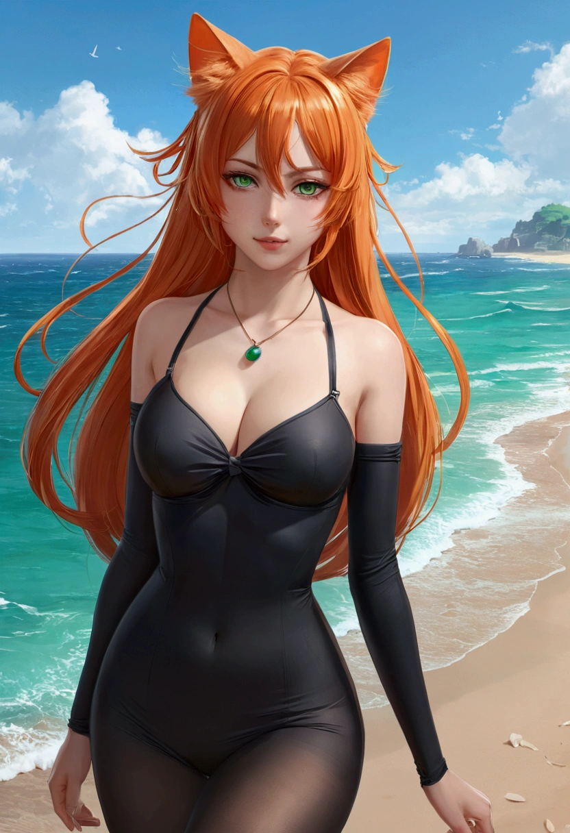 anime girl with long orange hair standing on beach near ocean, green eyes detailed digital anime art, cat ears, , anime girl with long hair, smooth anime cg art, anime girl with long hair, average breast size, digital anime art, artwork in the style of guweiz, beautiful anime portrait, photorealistic anime girl render, beautiful anime girl, advanced digital anime art, pantyhose, guweiz on artstation pixiv upscale HD UHD HQ
