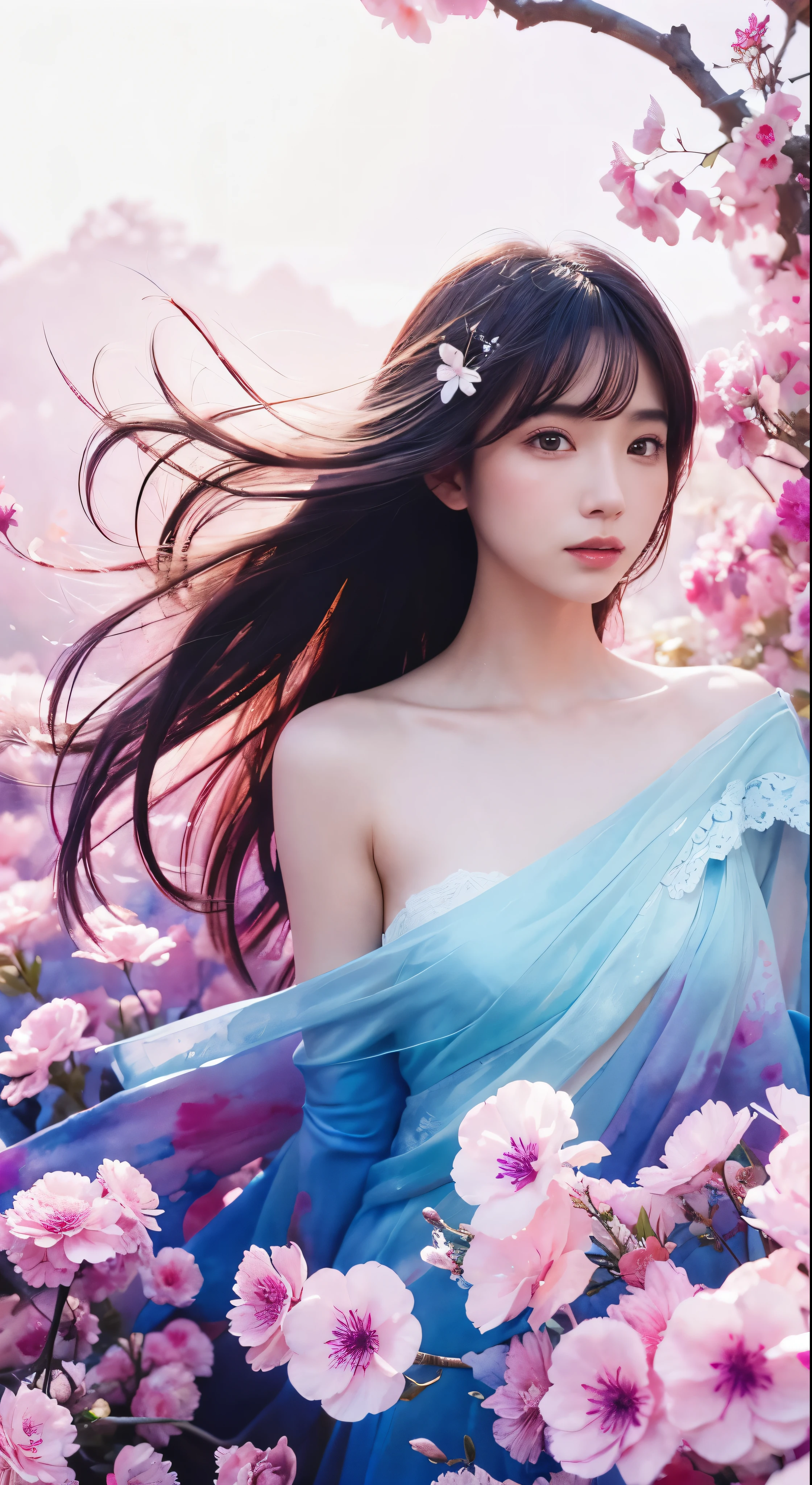 1girl,flower, Lisianthus ,in the style of light pink and light azure, dreamy and romantic compositions, pale pink, ethereal foliage, playful arrangements,fantasy, high contrast, ink strokes, explosions, over exposure, purple and red tone impression , abstract, ((watercolor painting by John Berkey and Jeremy Mann )) brush strokes, negative space,