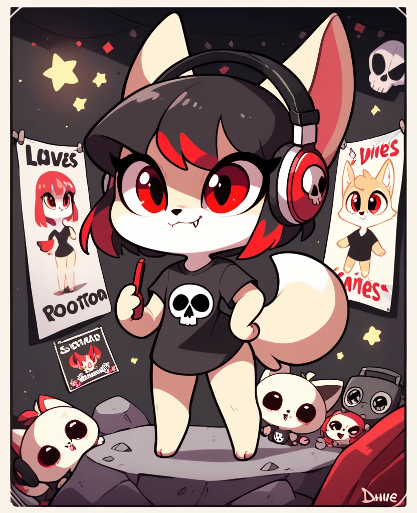 Fennec fox, cute girl, , chibi, 4 fingers, short hair, black hair with red highlights, red eyes, fangs, black shirt with a white skull, headphones, listening songs, smirk, in the bedroom, black walls, rock posters, skull posters, night, low lighting, alone, by diives