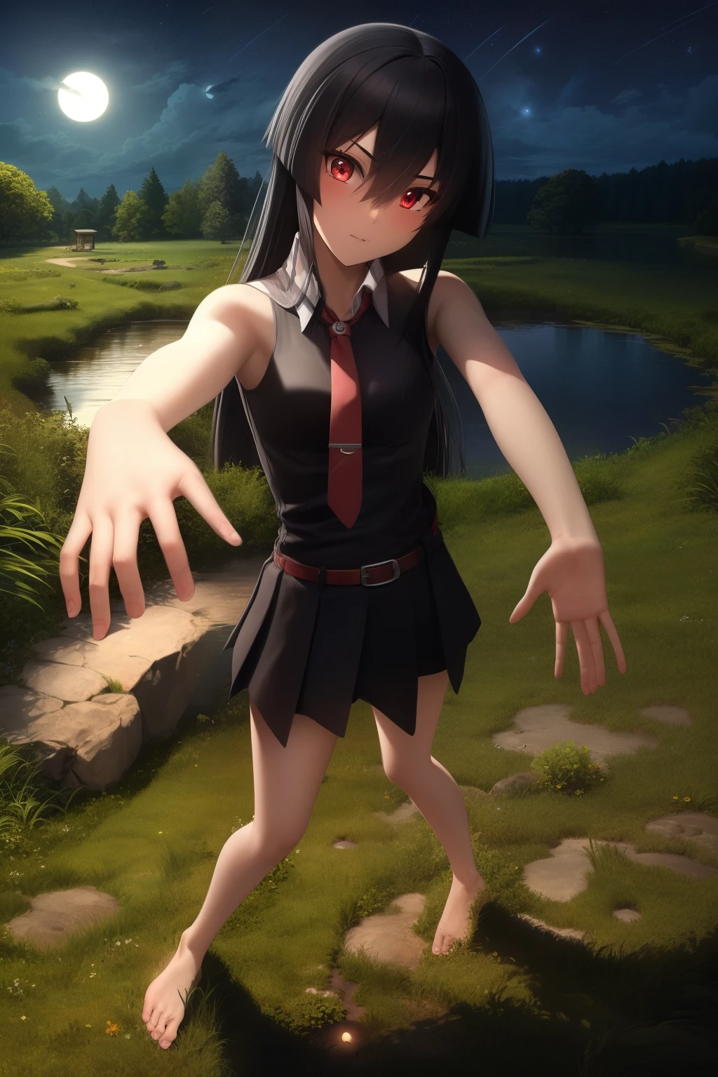 masterpiece, best quality, 1girl, akame (akame ga kill!), akame, long hair, black hair, red eyes, hair between eyes, skirt, dress, necktie, sleeveless, belt, shirt, black shirt, collared shirt, red necktie, black skirt, bare feet, standing, grass, lake, landscape, night sky, full moon, night light, backlighting, dark background