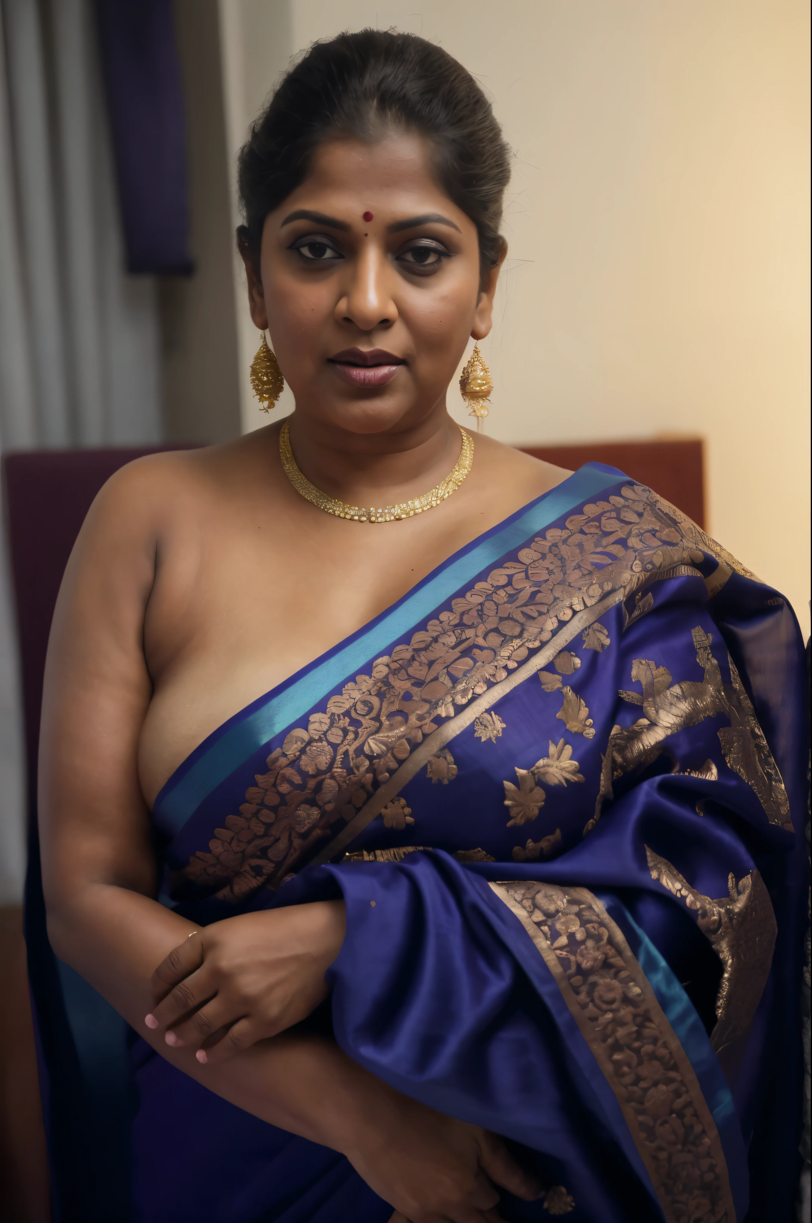 Realistic Representation of Savita bhabhi,sexy Savita aunty,tempting figure,busty aunty,goddess of lust,cougar lady, mommy,mommy figure,bulky figure,big milkers,deep cleavage,juicy fleshy figure,heavy bust,heavy hips,doodhwali, sizzling hot,seductive face, padosan aunty bhabhi,unsatisfied housewife,chubby aunty,sweat,irresistibly hot,inspired by famous Indian adult comics by amarshrostha,Foto RAW,photorealistic,photography, full body shot, 70 years old Woman,master shot,perfect eyes,goddess like beauty,pierced eyes, traditional strapless Bra,jiggly figure,perfect thick chubby mallu Desi aunty bhabhi,Wearing a Stanapatta,a chest-band.Saree model,model Photography,Indian saree shoot, Indian traditional wear advertising photography,traditional wear brand shoot,face of Indian actress Sonakshi Sinha, masterpiece,realistic,realism,incredible details,pleasure,photorealism,detailed skin,skin pores,high contrast,photorealistic Artstation 8k HD digital art trend of high definition and detailed realistic skin texture,ultra detail,realistic skin texture,armature,best quality,ultra high definition,(photorealistic:1.4),high resolution,detail,raw photo,sweat, Re sharp, by Lee Jefferies Nikon D850 Film Stock Photo 4 Kodak Portra 400 Camera F1.6 Lens Rich Color Ultra Real Realistic Realistic Textures Dramatic Lighting Unreal Engine Trending at Art Station Cinestill 800,(pele altamente detalhada: 1.2), 8k UHD, DSLR,soft-lighting,alta qualidade,grain of film,Fujifilm XT3,she didn't like to wear blouse or bra,intricate,she is happy to wear only saree,she hates blouse or bra,detailed hairy armpits,hyper realistic skin,skin pores,veins,premium ethnic jewellery,hyper realistic sweaty body,sweat,veins,detailed hairy stubble armpits,hyper realistic hairy armpits,low waist saree,deep juicy navel,insane details,stretchmarks,moles on breast,freckles 0.1,sensual desire,erotic fantasy,busy housewife,very busy in house chores,kaamwali aunty,big saggy breast,alluring figure,thick arms thighs