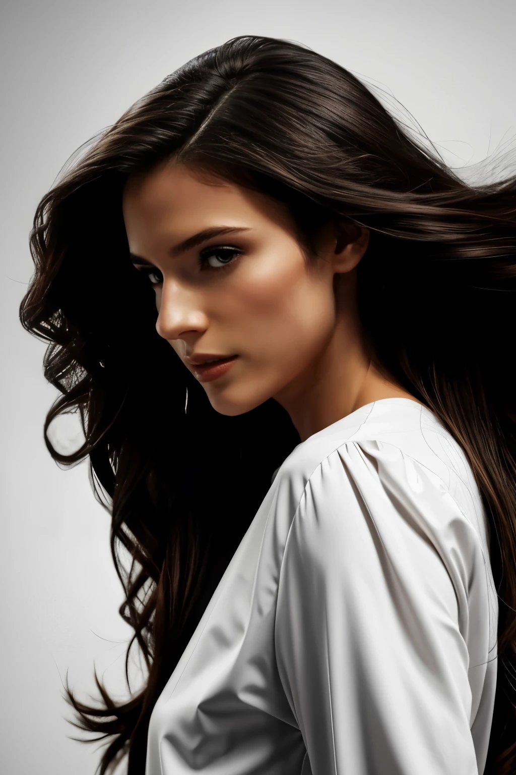 **profile photo of [detailed full-length silhouette of a beautiful, beautiful and unique Brazilian model, perfect face, dark honey eyes and long cascading hair], in the style of realistic hyper-detailed portraits, ambient occlusion, dichromate rubber , fine art realism, black and white grayscale, uhd image, abstract realism --ar 16:9**