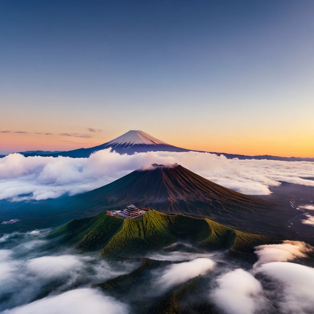 A morning in another world, Shooting from above Mount Fuji, using a drone、 divine, mysterious and calm, good morning, ancient Japan, a world where everyone is happy, I wish for world peace. ((Highest quality, 8K, masterpiece: 1.3))
