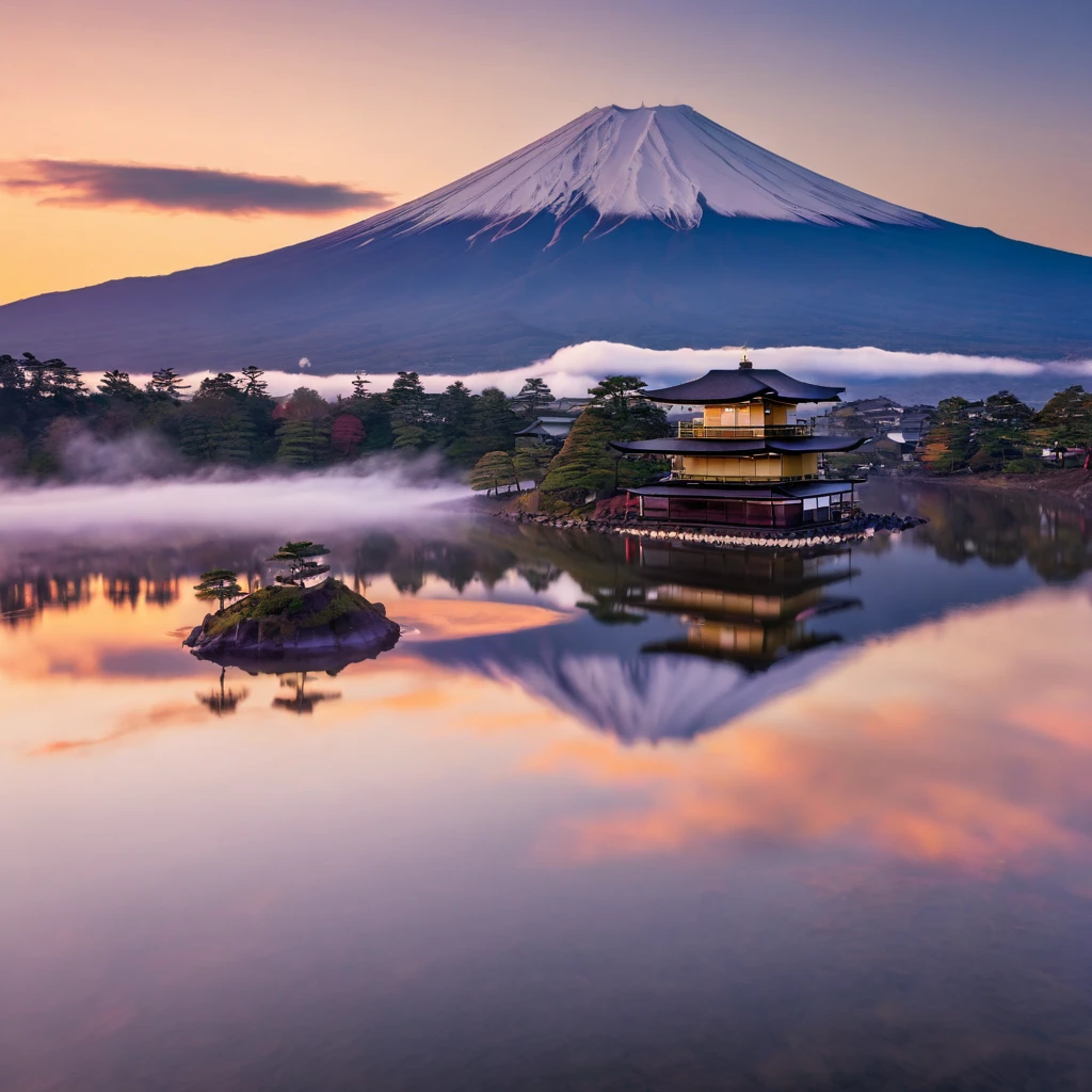 A morning in another world, Shooting from above Mount Fuji, using a drone、 divine, mysterious and calm, good morning, ancient Japan, a world where everyone is happy, I wish for world peace. ((Highest quality, 8K, masterpiece: 1.3))
