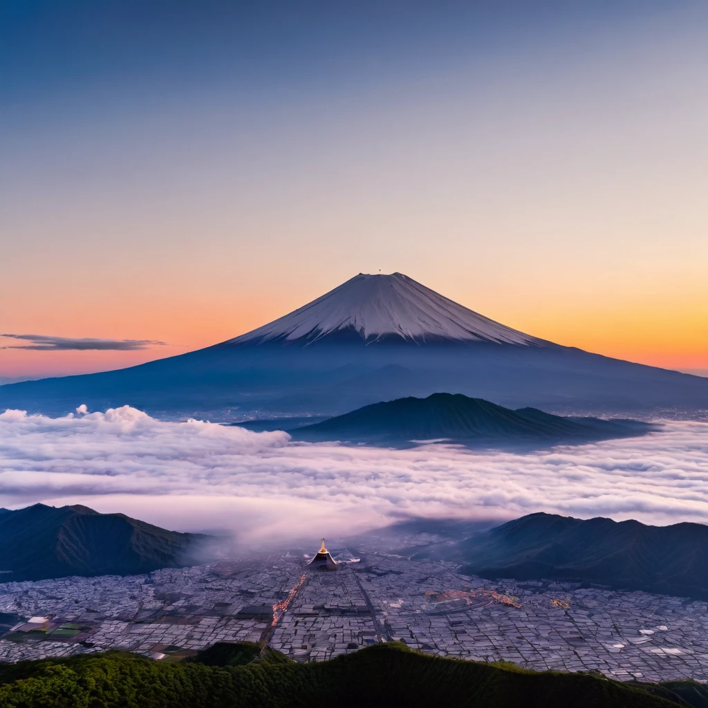 A morning in another world, Shooting from above Mount Fuji, using a drone、 divine, mysterious and calm, good morning, ancient Japan, a world where everyone is happy, I wish for world peace. ((Highest quality, 8K, masterpiece: 1.3))
