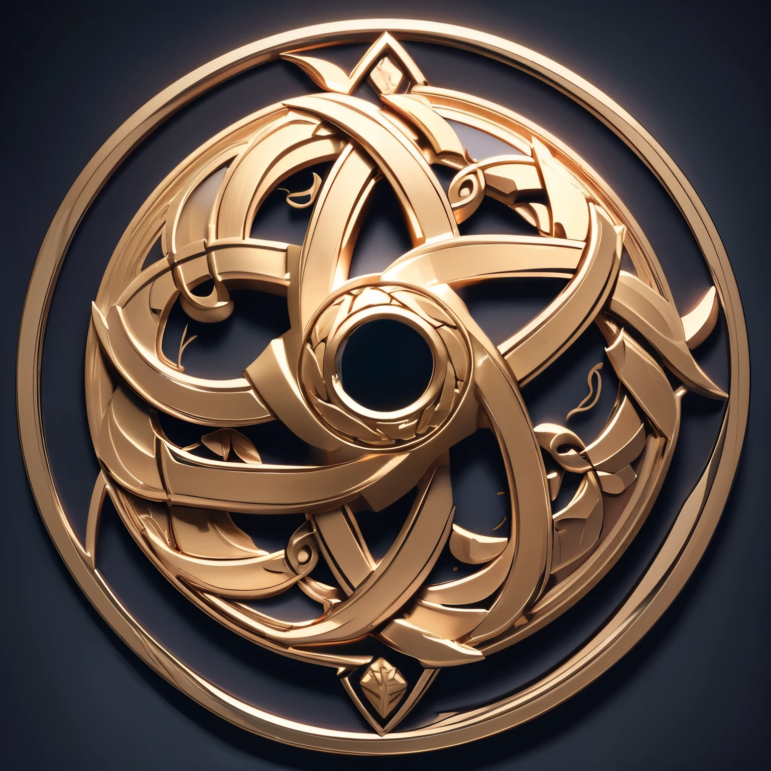 Very fine medallion made from gold. Norman's viking type infinity knot symbol in general with three of life with bright branches and the same size dark root branches of the same three in all komposition. Simetric. Accent of to latin letters P and S in midle of symbol. All detales in the shape of shield. Very fine picture. 8k. Canon mirrorglass lense. Light cinematic strong from up.