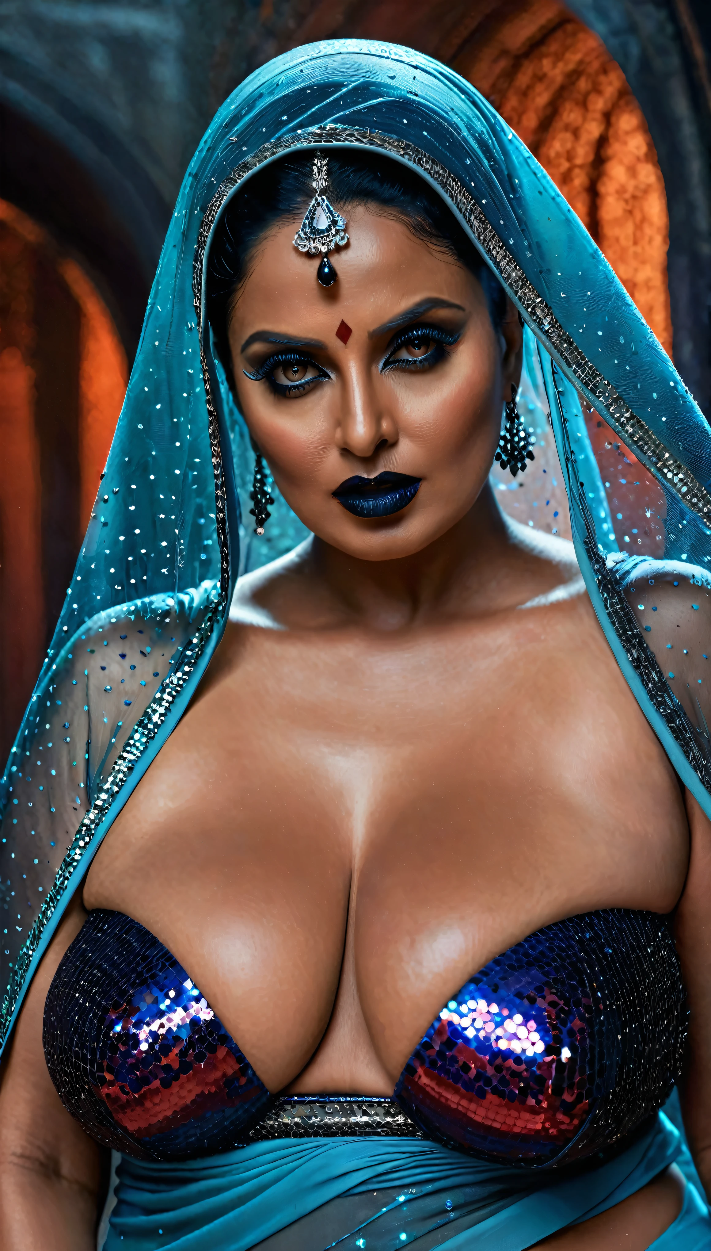 Looks like Bollywood milf actress Rekha, full body Closeup shot, Big chubby aunty, milf, cougar lady witch, horny Gothic milf,  70 years old gorgeous mature lady, pervert demoness, demoness of lust, curvy, black lips, horny face, extremely gorgeous, thick figure, heavy physique, voluptuous, curvy, sexy figure, Fashionable portrait of androgynous alien looking witch wearing veil, glowing eyes, futuristic design, minimal details, givenchy, photoreal, 200mm, hd, f/ 2.0, highly detailed, surreal, sexy beautiful evil woman, sexy bold sequin Saree with strapless Bra, chudail, Pishachini, horror genre, blood-thirsty enchantress, powerful female spirit, eerie, drop dead, in the style of red and blue, (intricate details, hyperdetailed:1.15) (skin texture:1.2), dark Moody tone, cinematic lighting, haunted place in background, saggy breast, 