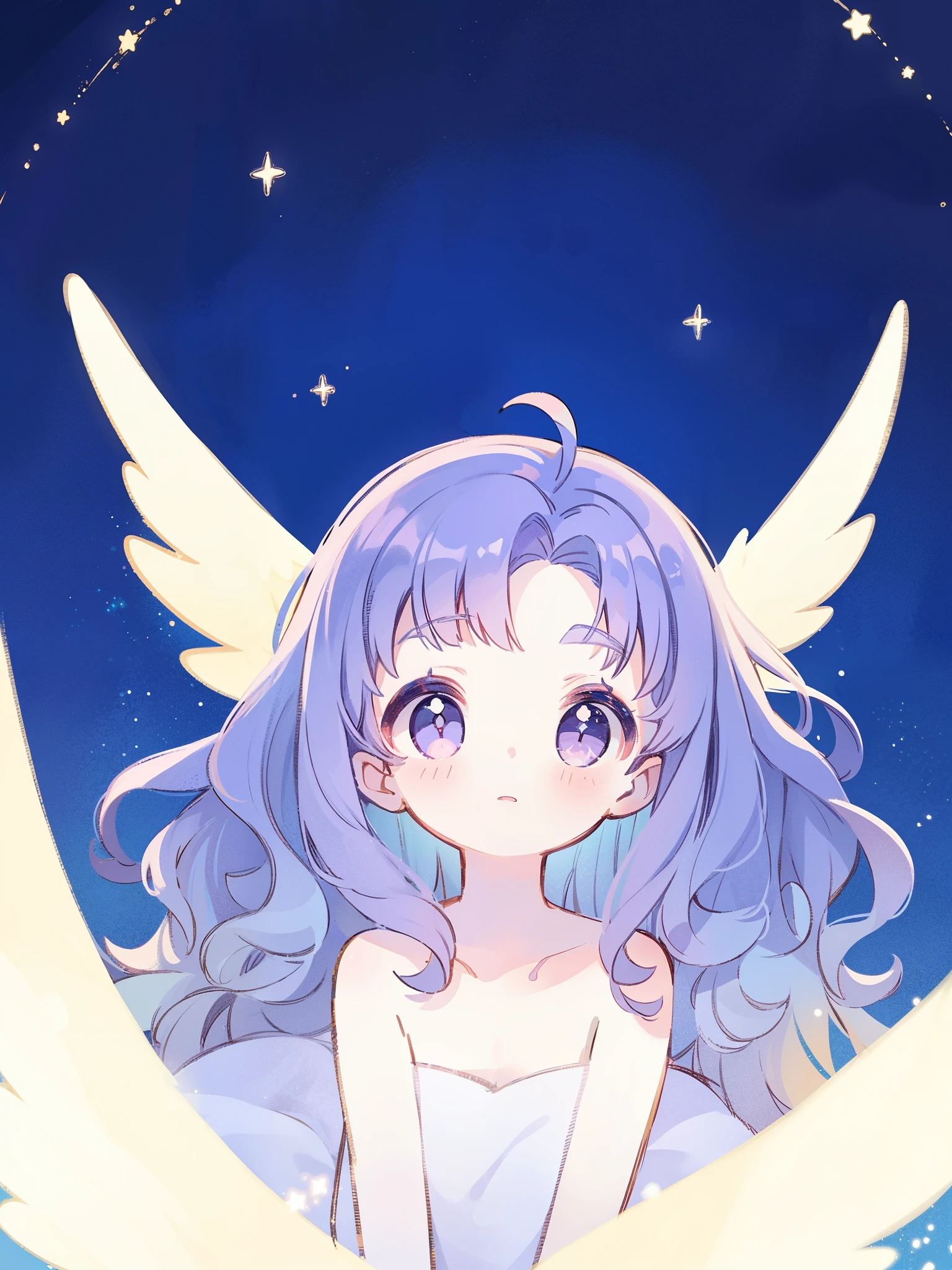 nude angel girl wearing an ethereal translucent dress, pale skin, ((wavy gradient blue purple hair)), white feathers, angel wings, sparkling detailed eyes, golden ratio face, perfect composition, highly detailed, ethereal, (starry night sky background), midjourney style