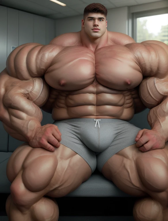 1boy, giant, giant bodybuilder, stand, warm light, strong body, bulk, large size, staring, sitting on the seat at the locker room, open legs, nude, gray triangular underwear, prominent bulge, extraordinary big, brutalmass, giant, muscular body, bulk, buff, massive body, large meaty body size, extremely wide body