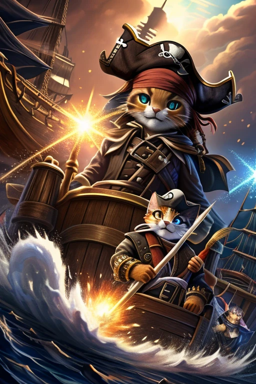 (Highest quality、masterpiece、8k))、Anatomically correct、Very detailed、High resolution、Realistic、((Beautiful, sparkling, detailed eyes))、Intricate details、((Dynamic composition))、kitten、Big head、((Pirate War))、One-on-one duels、海賊kittenと骸骨海賊が剣で戦っている、Lots of pirates、Fight、pirate ship、cutlass、101匹のkitten海賊、((複数のkitten海賊))
