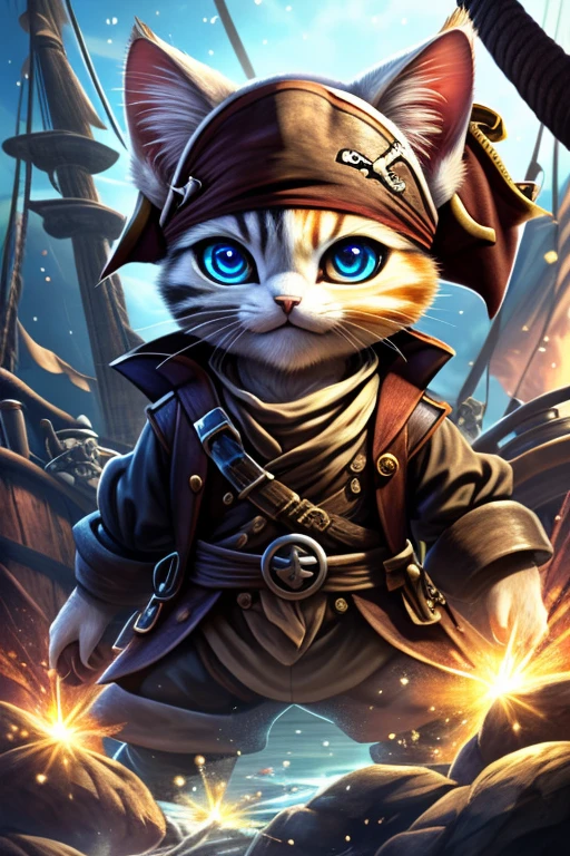 (Highest quality、masterpiece、8k))、Anatomically correct、Very detailed、High resolution、Realistic、((Beautiful, sparkling, detailed eyes))、Intricate details、((Dynamic composition))、kitten、Big head、((Pirate War))、One-on-one duels、海賊kittenと骸骨海賊が剣で戦っている、Lots of pirates、Fight、pirate ship、cutlass、101匹のkitten海賊、((複数のkitten海賊))