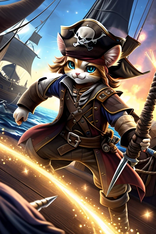 (Highest quality、masterpiece、8k))、Anatomically correct、Very detailed、High resolution、Realistic、((Beautiful, sparkling, detailed eyes))、Intricate details、((Dynamic composition))、kitten、Big head、((Pirate War))、One-on-one duels、海賊kittenと骸骨海賊が剣で戦っている、Lots of pirates、Fight、pirate ship、cutlass、101匹のkitten海賊、((複数のkitten海賊))