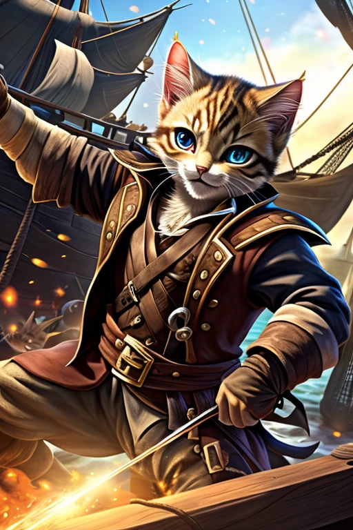 (Highest quality、masterpiece、8k))、Anatomically correct、Very detailed、High resolution、Realistic、((Beautiful, sparkling, detailed eyes))、Intricate details、((Dynamic composition))、kitten、Big head、((Pirate War))、One-on-one duels、海賊kittenと骸骨海賊が剣で戦っている、Lots of pirates、Fight、pirate ship、cutlass、101匹のkitten海賊、((複数のkitten海賊))
