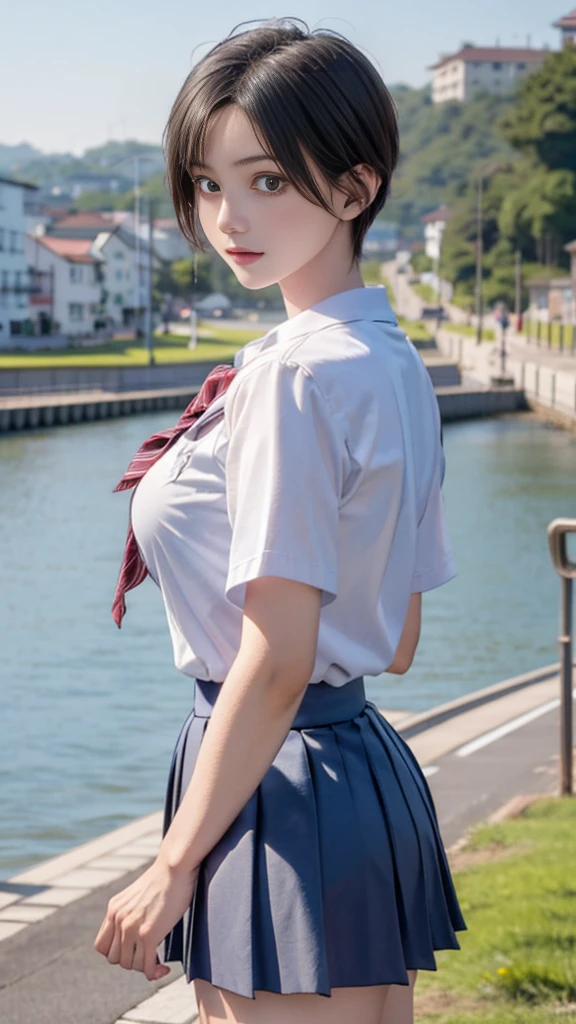 Tabletop, Highest quality, High resolution, 
grasp, 
(school uniform, Pleated skirt), 
Beautiful single girl, Blonde, pixie short hair、 Beautiful Face, Beautiful attention to detail, Beautiful body, Beautiful breasts, 


Seaside town、Summer in Japan、blue sky