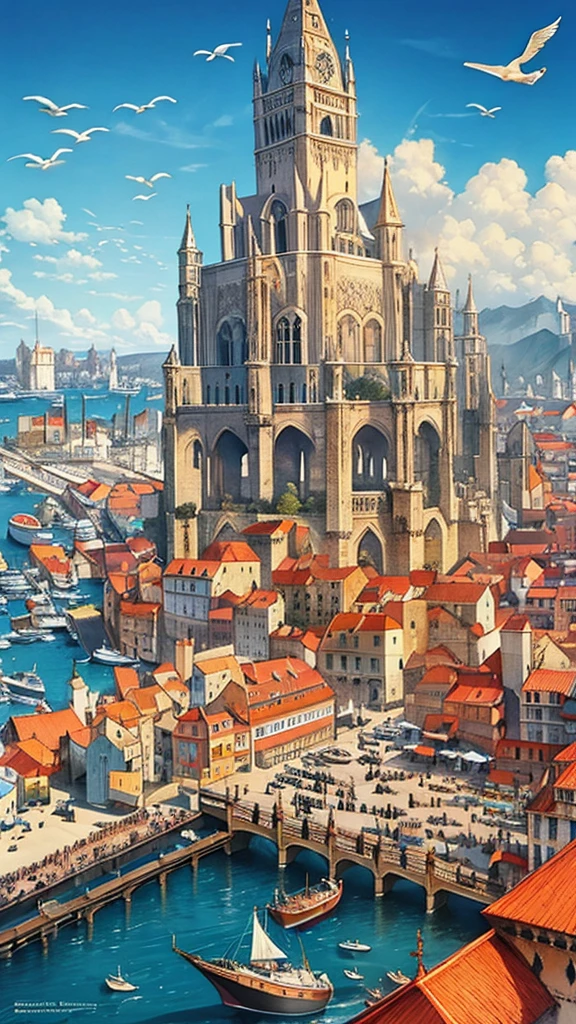 A detailed illustration of a bustling medieval port city with numerous ships docked, inspired by Renaissance maritime paintings, featuring intricate architectural details, vibrant market stalls, seagulls soaring overhead, daylight