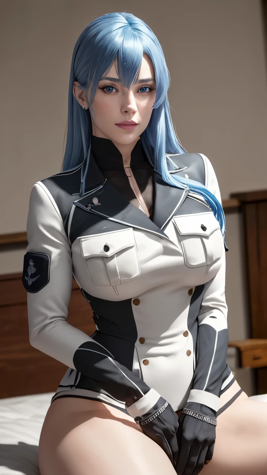 a woman with athletic body, thick thighs, sitting with legs spread, blue hair, wearing black and white military uniform, detailed vulva, (best quality,4k,8k,highres,masterpiece:1.2),ultra-detailed,(realistic,photorealistic,photo-realistic:1.37),HDR,UHD,studio lighting,ultra-fine painting,sharp focus,physically-based rendering,extreme detail description,professional,vivid colors,bokeh,adult content