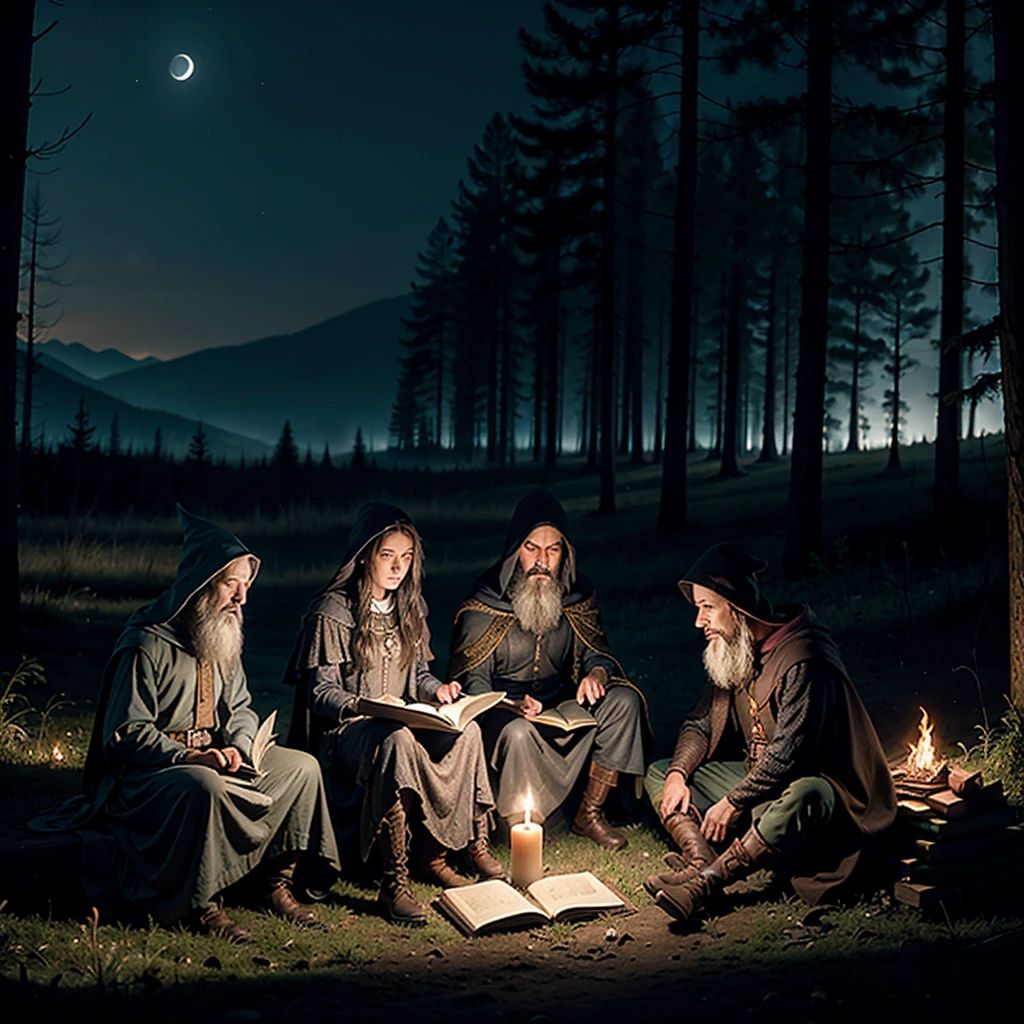 Modelo dark fantasy,3 wizards sitting in a clearing in the middle of the night,one with a book,two others talking,the firelight turns on,leave the image with few colors,try to make it a bit old,try your best to do it in dark fantasy style