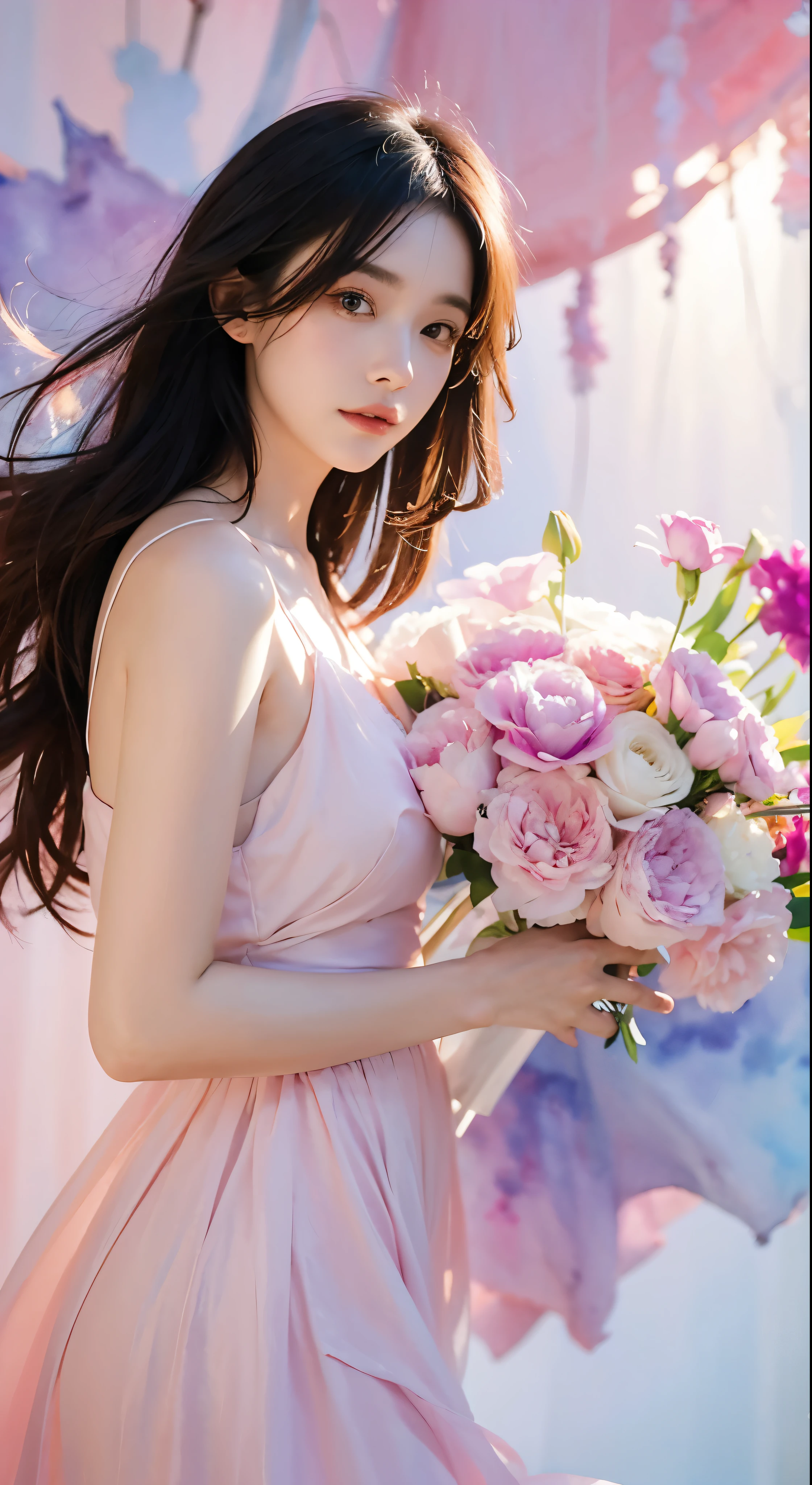 1girl,flower, Lisianthus ,in the style of light pink and light azure, dreamy and romantic compositions, pale pink, ethereal foliage, playful arrangements,fantasy, high contrast, ink strokes, explosions, over exposure, purple and red tone impression , abstract, ((watercolor painting by John Berkey and Jeremy Mann )) brush strokes, negative space,