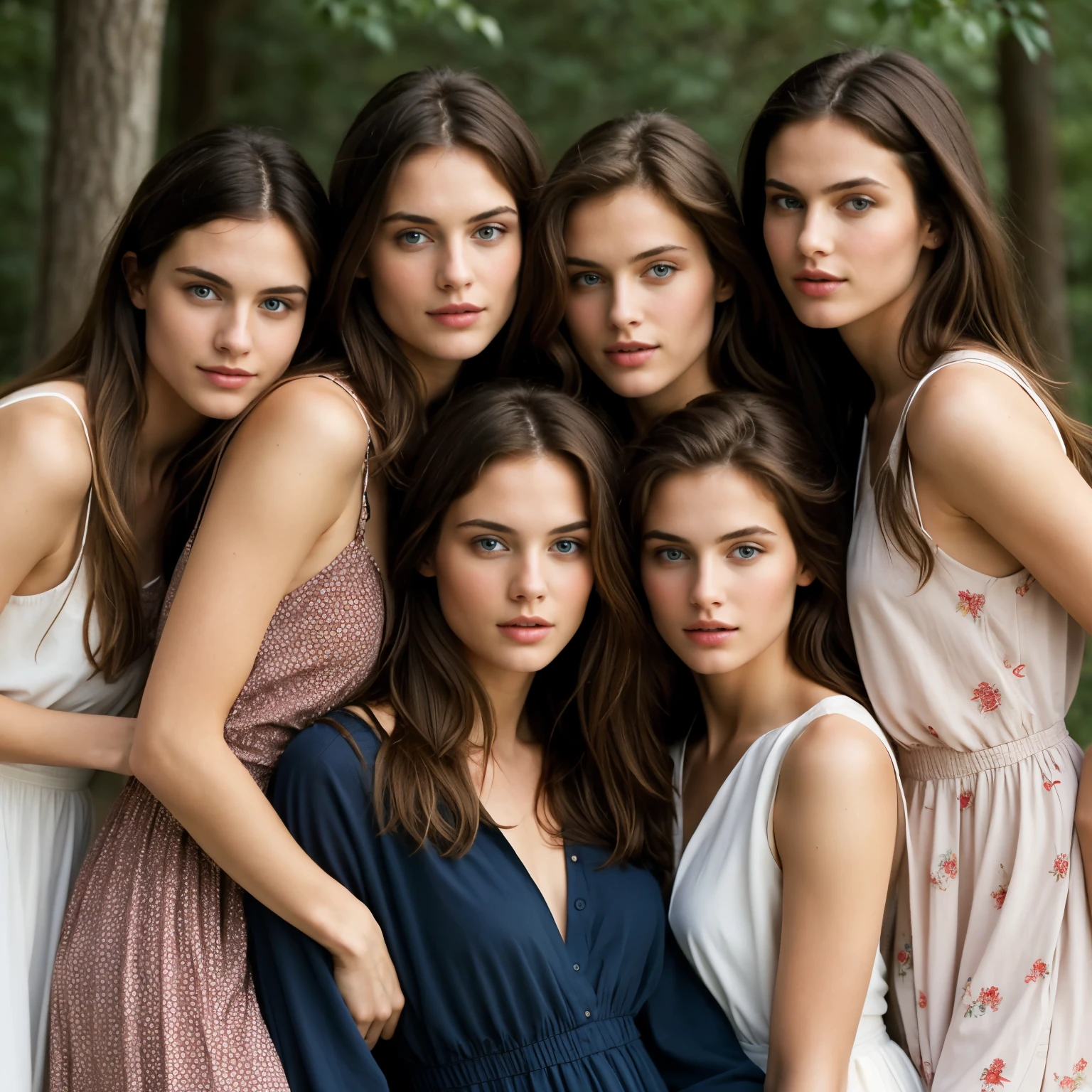 ((best quality)), ((masterpiece)), (detailed), women surrounding one man, all of them are tugging on his clothes and playing with his hair, he is an attractive male with blue eyes and brown hair, the women are sexy supermodels in dresses
