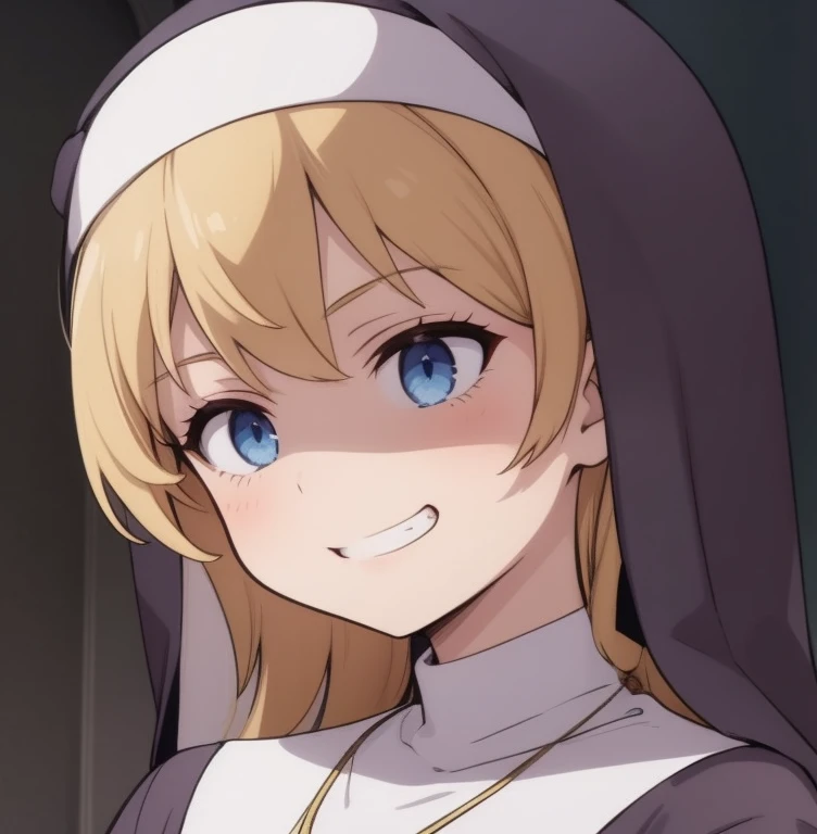 a nun. Young woman. Blue eyes. sly grin. arrogance. against the backdrop of a church room. blonde hair. Shadow.
