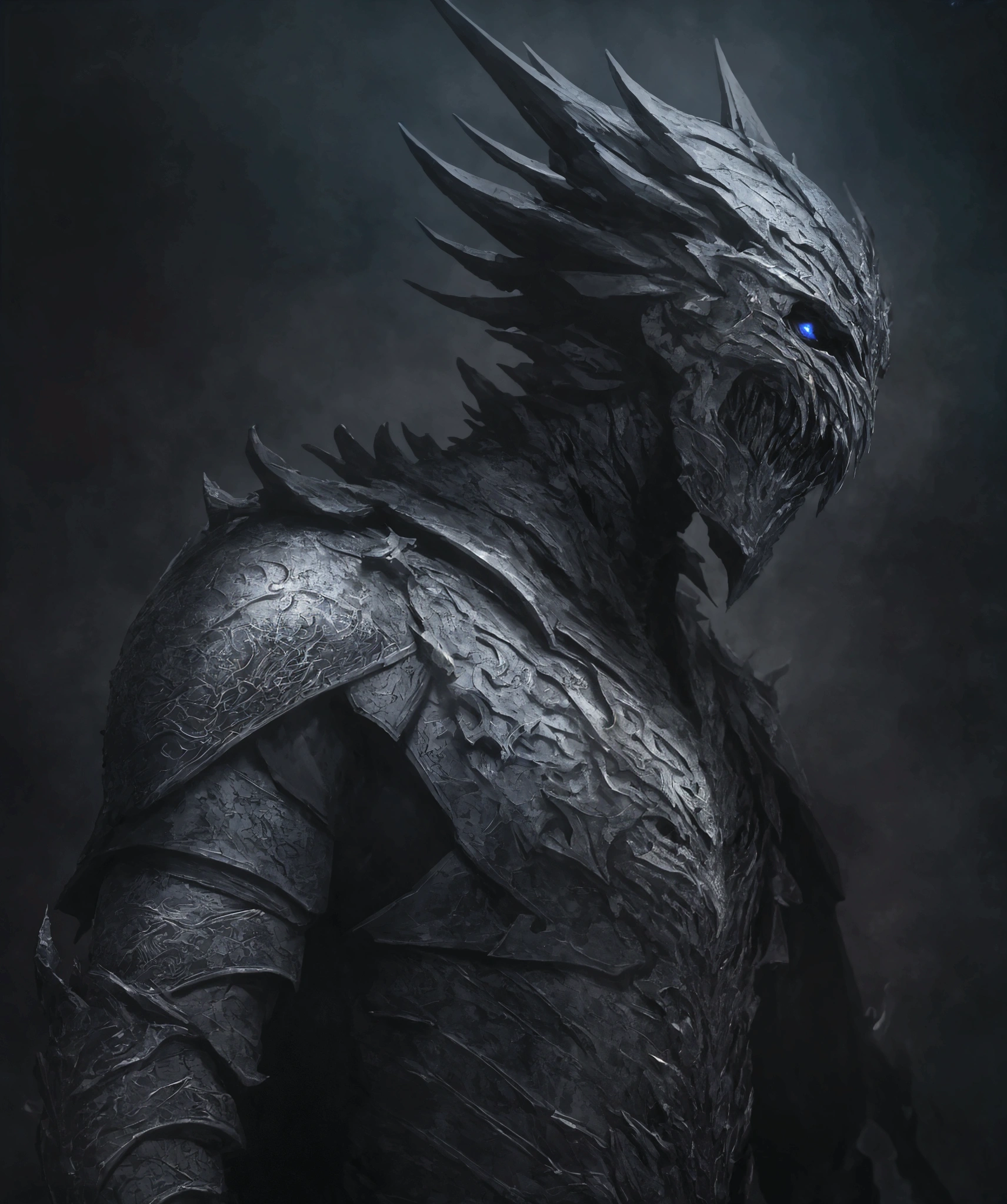 An ultra-high definition 8K wallpaper featuring a medium shot of Grim, portrayed as a terrifying masked krystal supervillain. Grim is clad in intricately textured, glowing armor made of ethereal space fog, reminiscent of Marvel's high-detail costumes. The scene is dramatically lit, highlighting the fine details of the armor. The background is filled with a chaotic scene of a colossal mud monster and destroyed buildings, creating a vivid, action-packed atmosphere. The image boasts intricate details, a dramatic theme, and an overall sense of intense, high-stakes conflict.