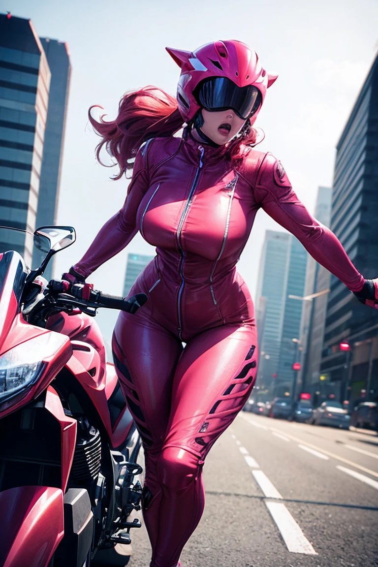 1 woman, no neck zipper less pink spandex catsuit, full face helmet, driving a motorbike barefeet, visible red hair, extreme detailed, hyper realistic, 8k, photorealistic, professional 3d render, cinematic lighting, dynamic motion blur, highly detailed vehicle, intense vibrant colors, intricate fabric textures
