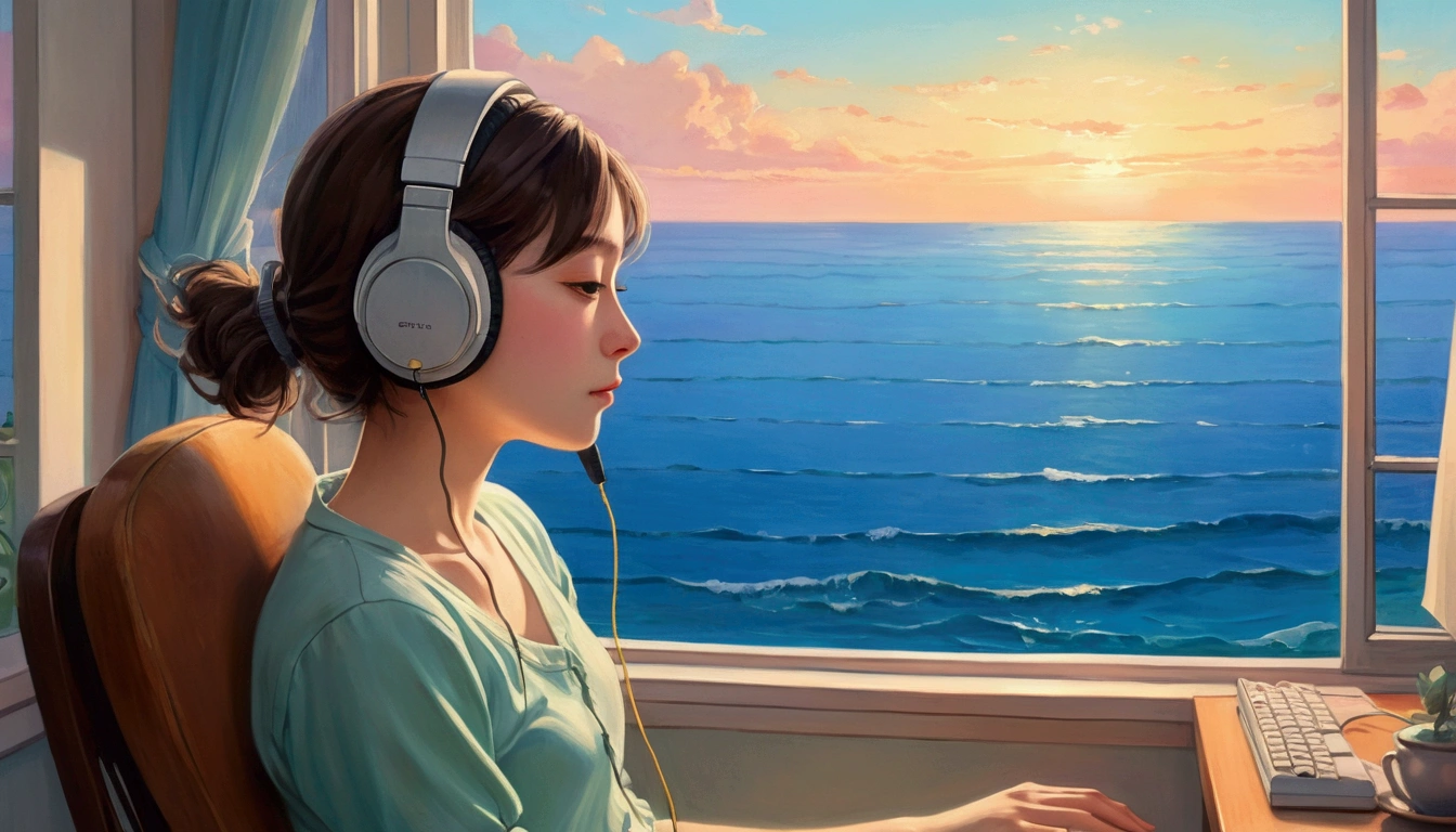 Ghibli style,Portrait、512、Lo-Fi、Girl sitting on a chair wearing headphones、Take a nap at your desk、close your eyes、Ocean view outside the window、evening、pastel colour、Painting