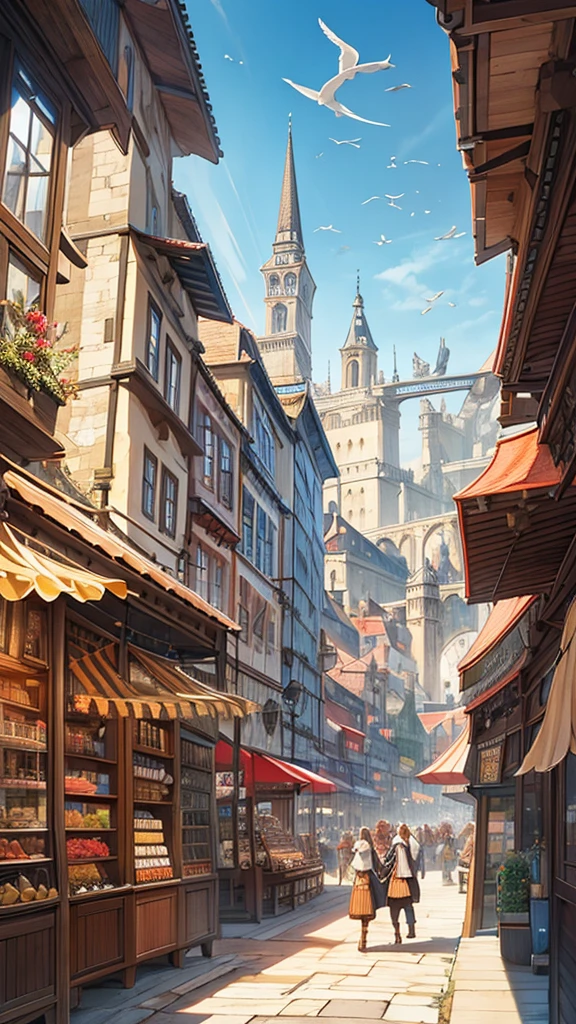 A detailed illustration of a bustling medieval port city with numerous ships docked, inspired by Renaissance maritime paintings, featuring intricate architectural details, vibrant market stalls, seagulls soaring overhead, daylight