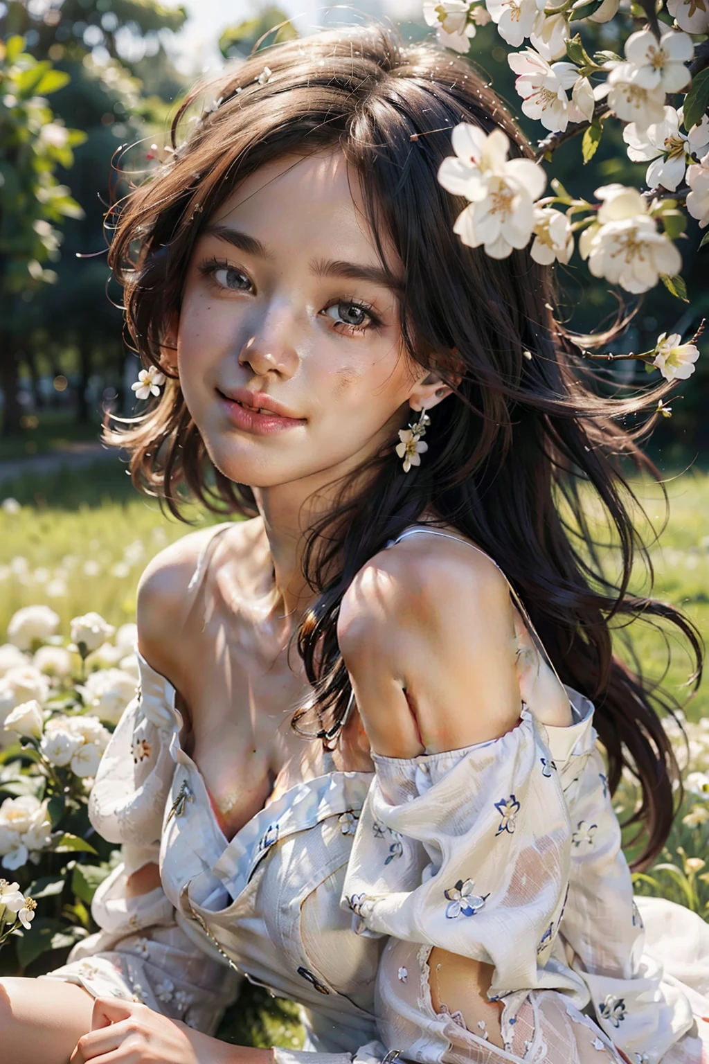 Best quality, masterpiece, ultra high res, (photorealistic:1.4), raw photo, 1girl, white dress, off shoulder, blossom flower field, glowing skin, light smile