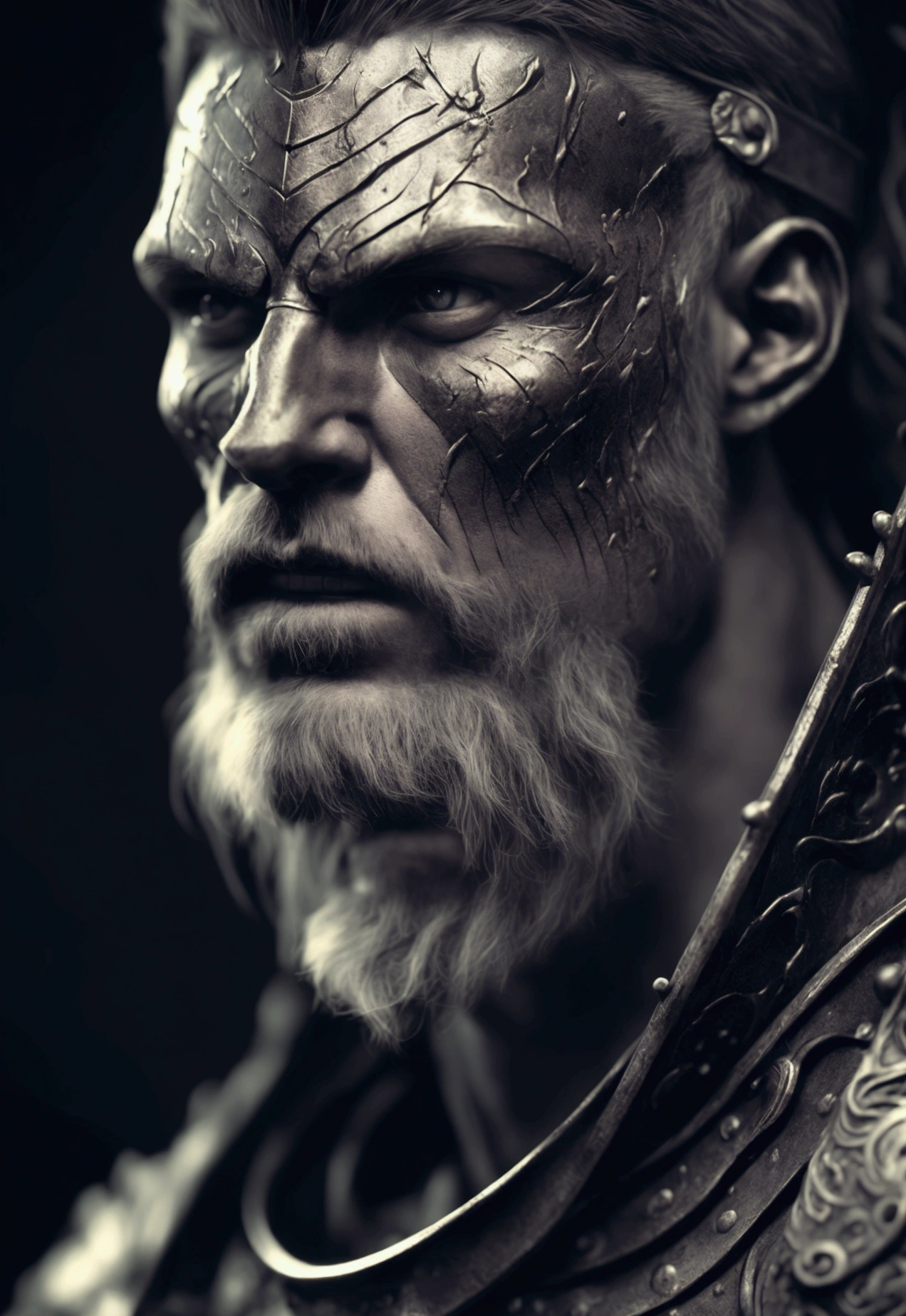 a medieval warrior with a scar on his face, highly detailed, cinematic lighting, dramatic pose, intricate armor, rugged face, intense expression, muscular body, gritty realistic style, moody color palette, volumetric lighting, chiaroscuro, epic fantasy, award winning digital art