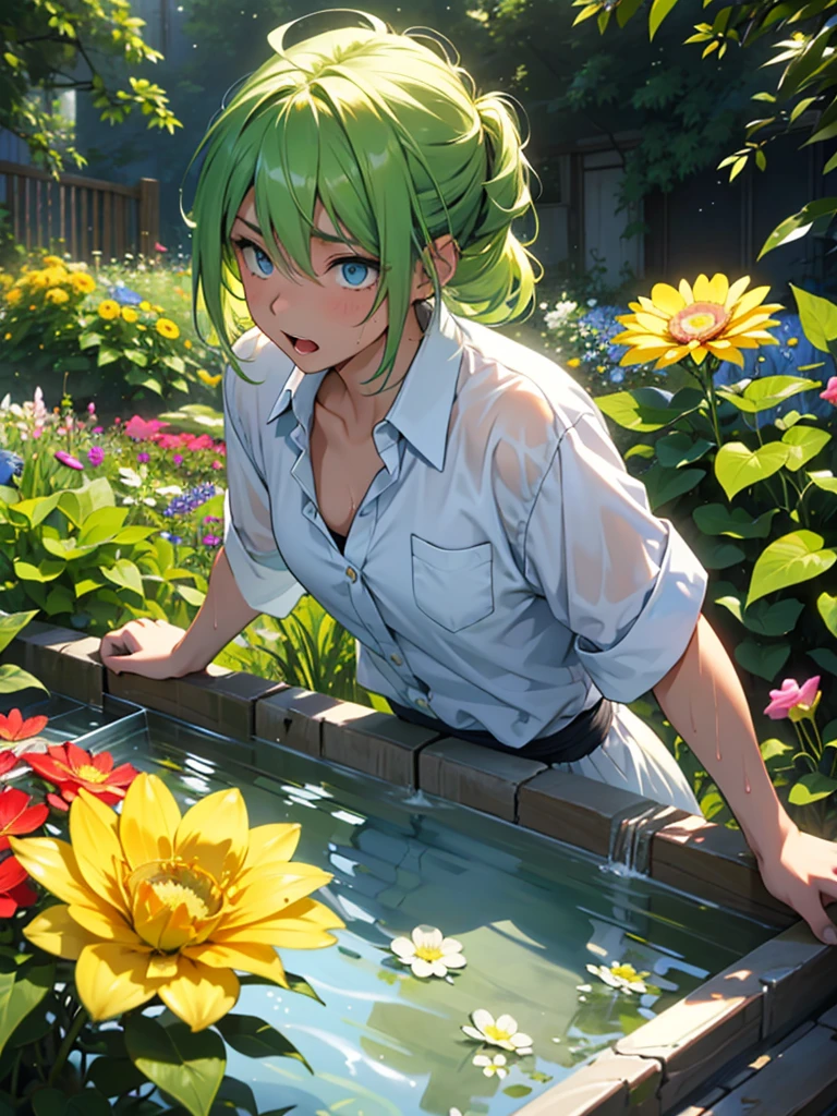 One girl, High resolution, 22 years old、Yellow-green hairstyle、Blue Eyes、Flower garden、He is in a hurry because he spilled the water in his glass.、Sweat、impatience、Open your mouth