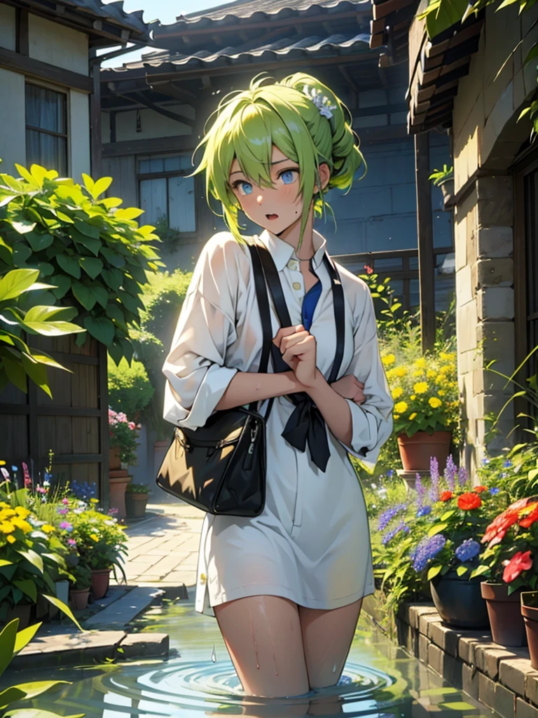 One girl, High resolution, 22 years old、Yellow-green hairstyle、Blue Eyes、Flower garden、He is in a hurry because he spilled the water in his glass.、Sweat、impatience、Open your mouth