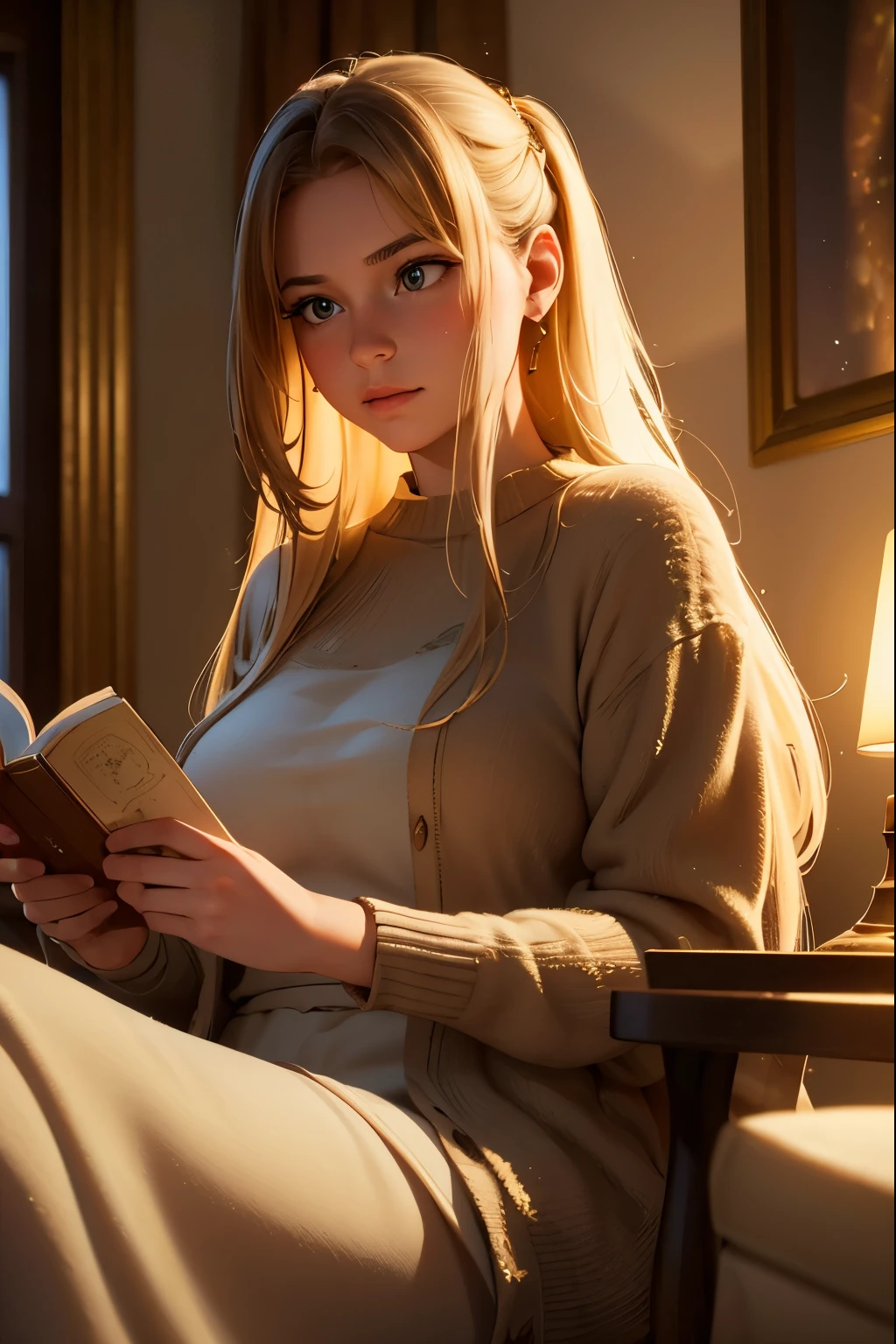 Create a stunning 3D hyper-realistic image of a beautiful girl sitting in a cozy, softly lit room, deeply immersed in reading a book. The scene should feature warm, inviting colors, with fairy lights gently illuminating the background. She has long, flowing hair and is wearing a comfortable yet styl