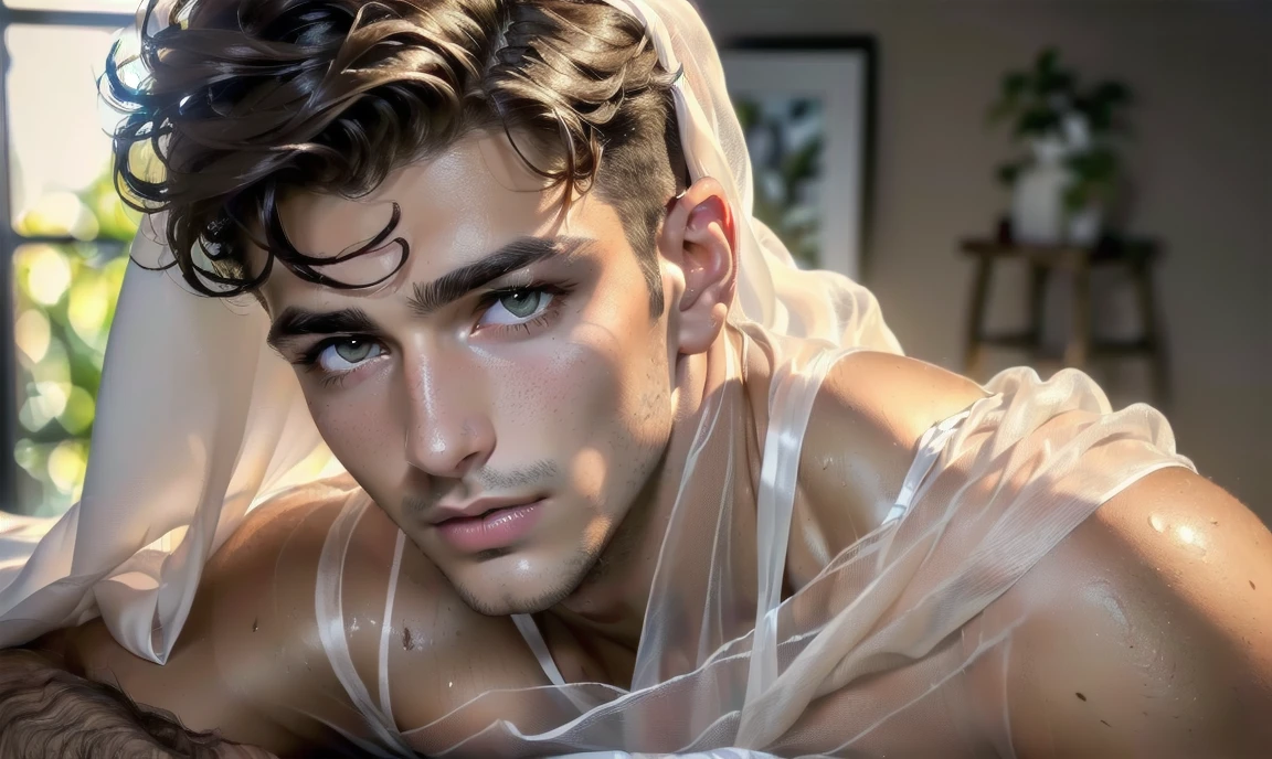 "((highly detailed, detailed eyes, detailed face, clear and realistic facial features, photorealistic, realistic light; cinematic)), (1 man), ((((artist studio background)))), (((23-year-old male))), (((seductive sexy enigmatic gorgeous greek male model))), ((((Greek nose)))), ((strong ethnic Greek appearance)), ((((model is acting enticing)))), ((seductive expression)), (((blushing))), ((short dark-brown hair)), ((((mysterious eyes)))), ((olive skin)), (((long dark-brown natural eyelashes))), (((clean-shaven face))), (((posing seductively with body draped in a sheer white silk sheet))."