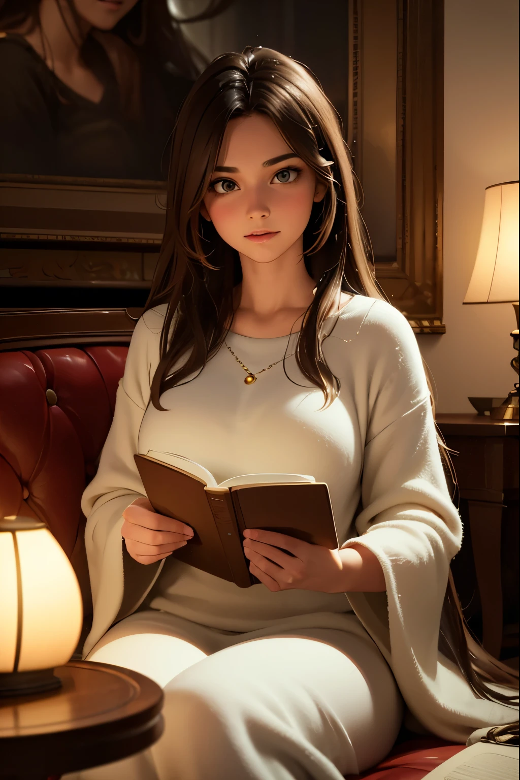 Create a stunning 3D hyper-realistic image of a beautiful girl sitting in a cozy, softly lit room, deeply immersed in reading a book. The scene should feature warm, inviting colors, with fairy lights gently illuminating the background. She has long, flowing hair and is wearing a comfortable yet styl